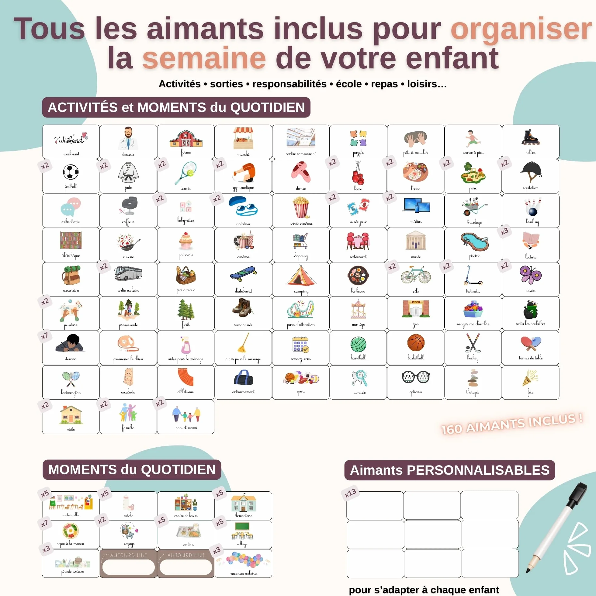 Semainier Enfant Magnétique 160 Aimants Calendrier Éducatif Routine Montessori Dès 3 Ans