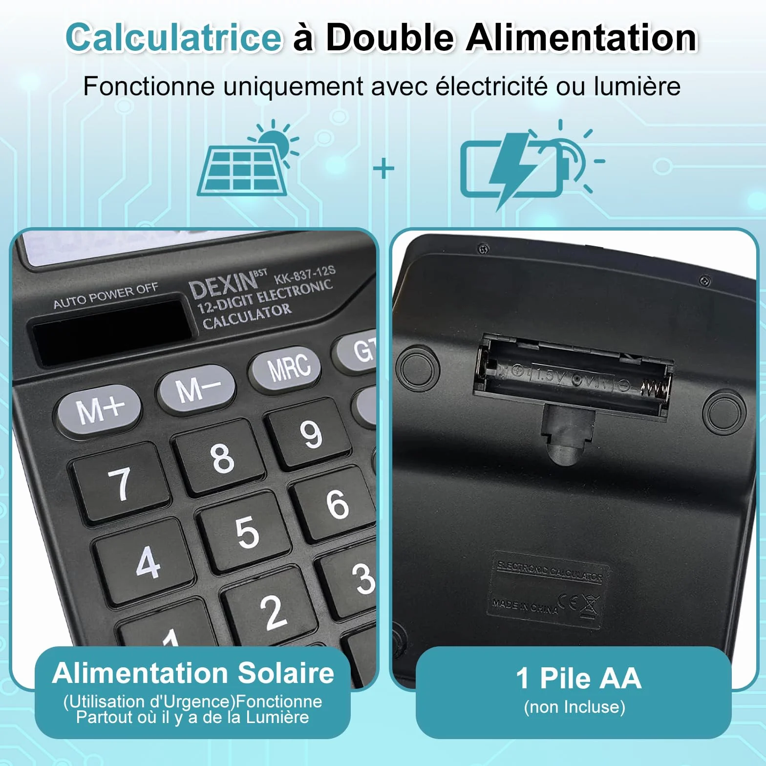 Calculatrice de Bureau 12 Chiffres Écran LCD Solaire et Batterie Grands Boutons Noir Bleu Ciel