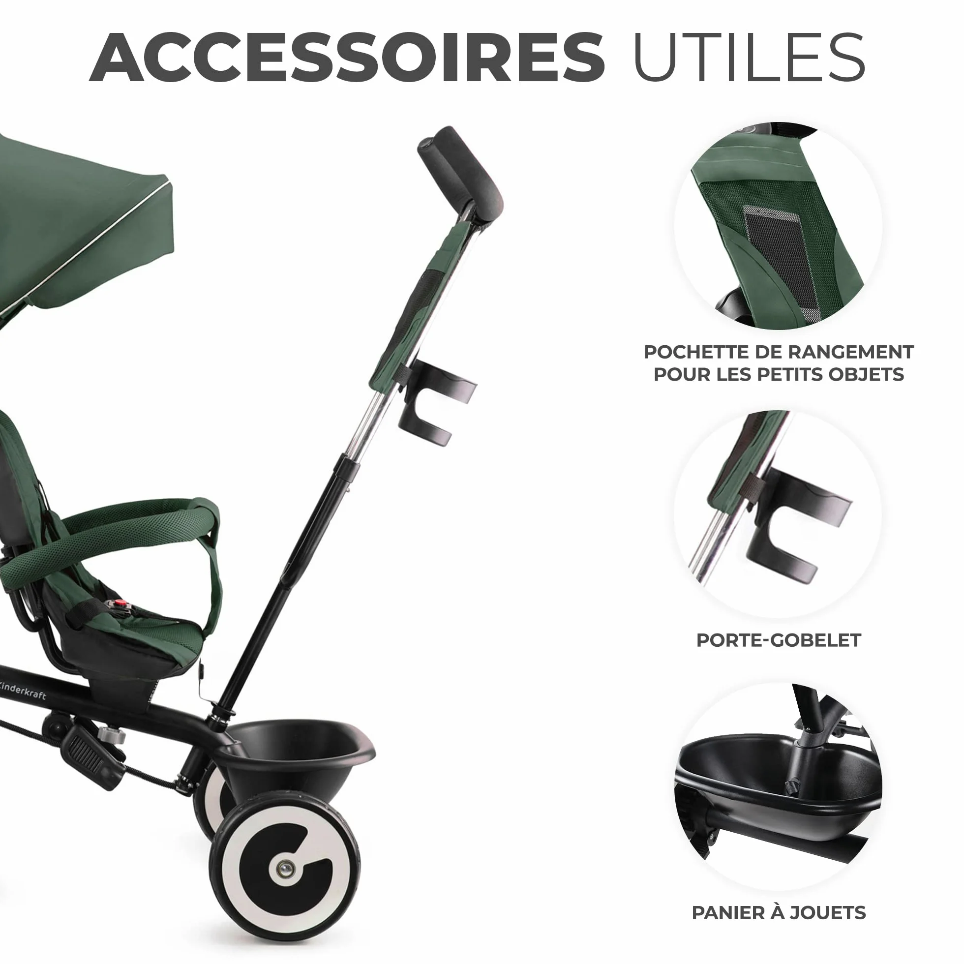 Kinderkraft Aston Tricycle Évolutif Bébé, Draisienne, Trike, Velo Poussette, Enfant 5 Ans, 9 Mois, Compact, Capote Pliante, Vert
