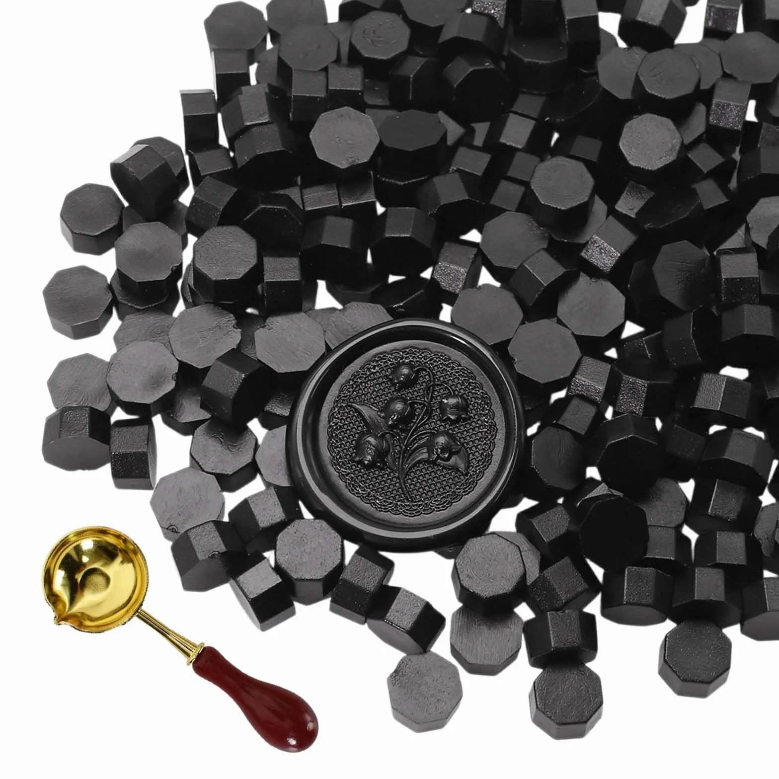 Perles de Cire à Cacheter Octogonales Lot de 300 avec Cuillère de Fusion - Sceaux de Cire pour Tampon, Lettres, Invitations (Noir)