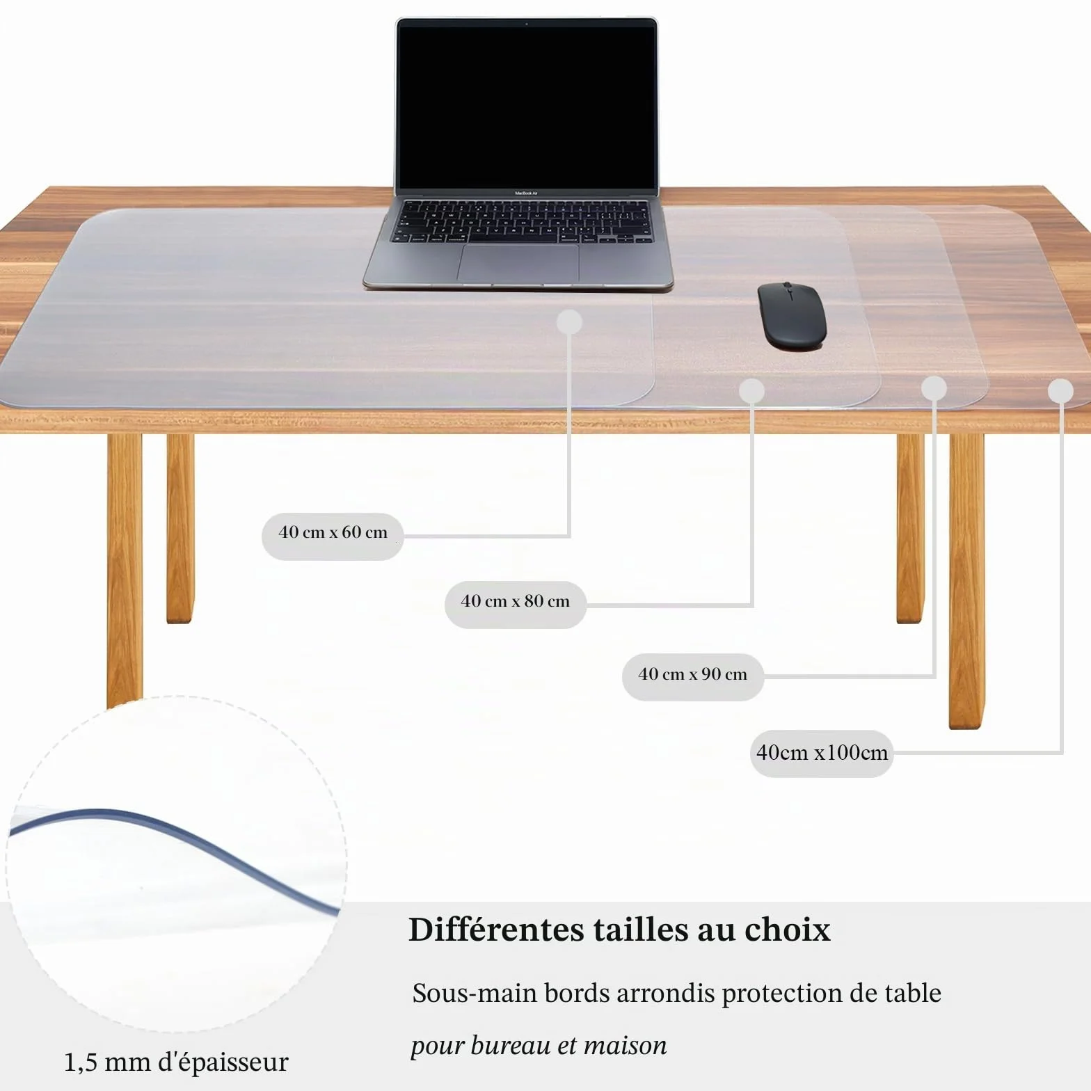 Sous-main transparent 100 x 40 cm imperméable antidérapant bords ronds