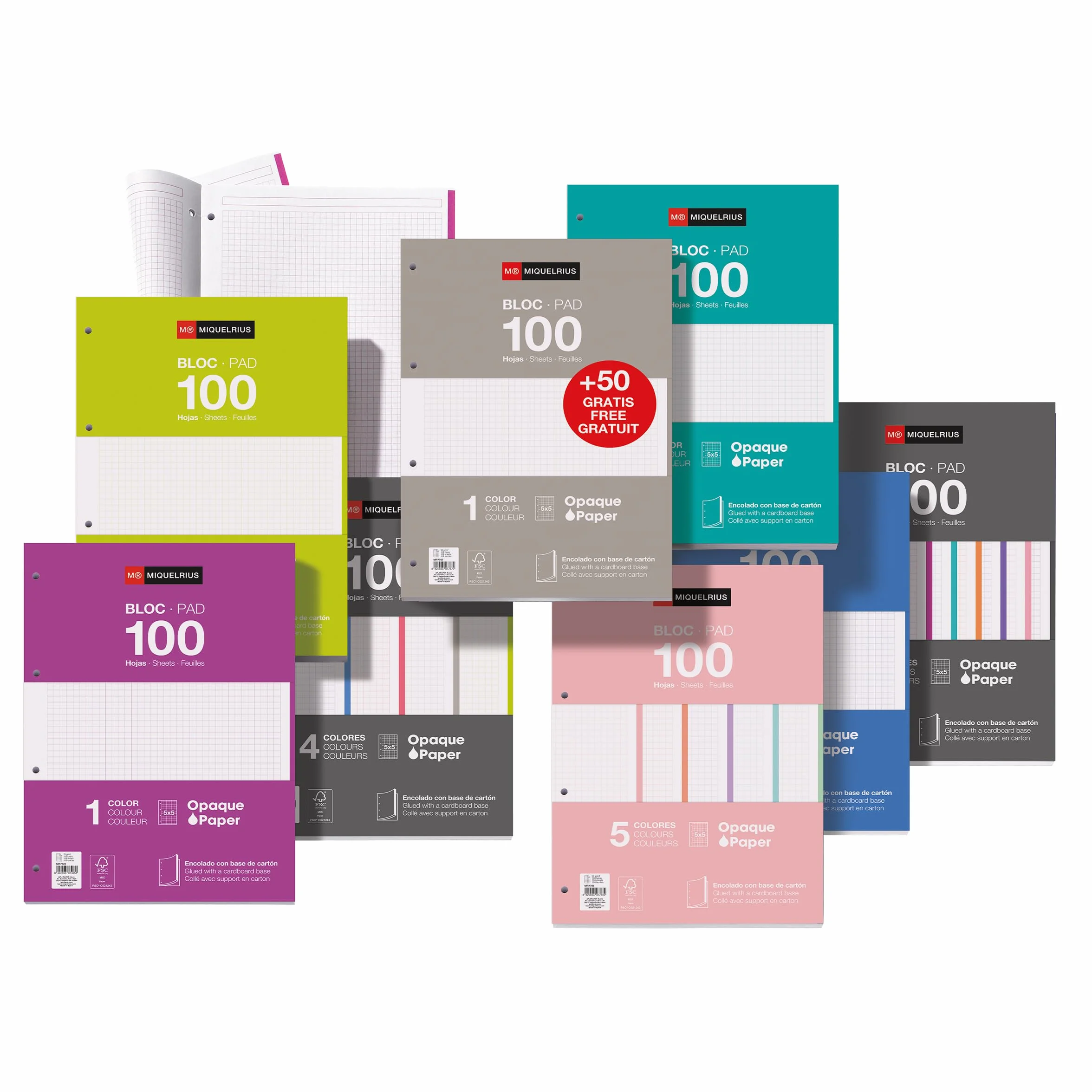 Miquelrius Recharge de feuilles A4 quadrillées 5x5 mm, 150 feuilles 90 g/m², gris