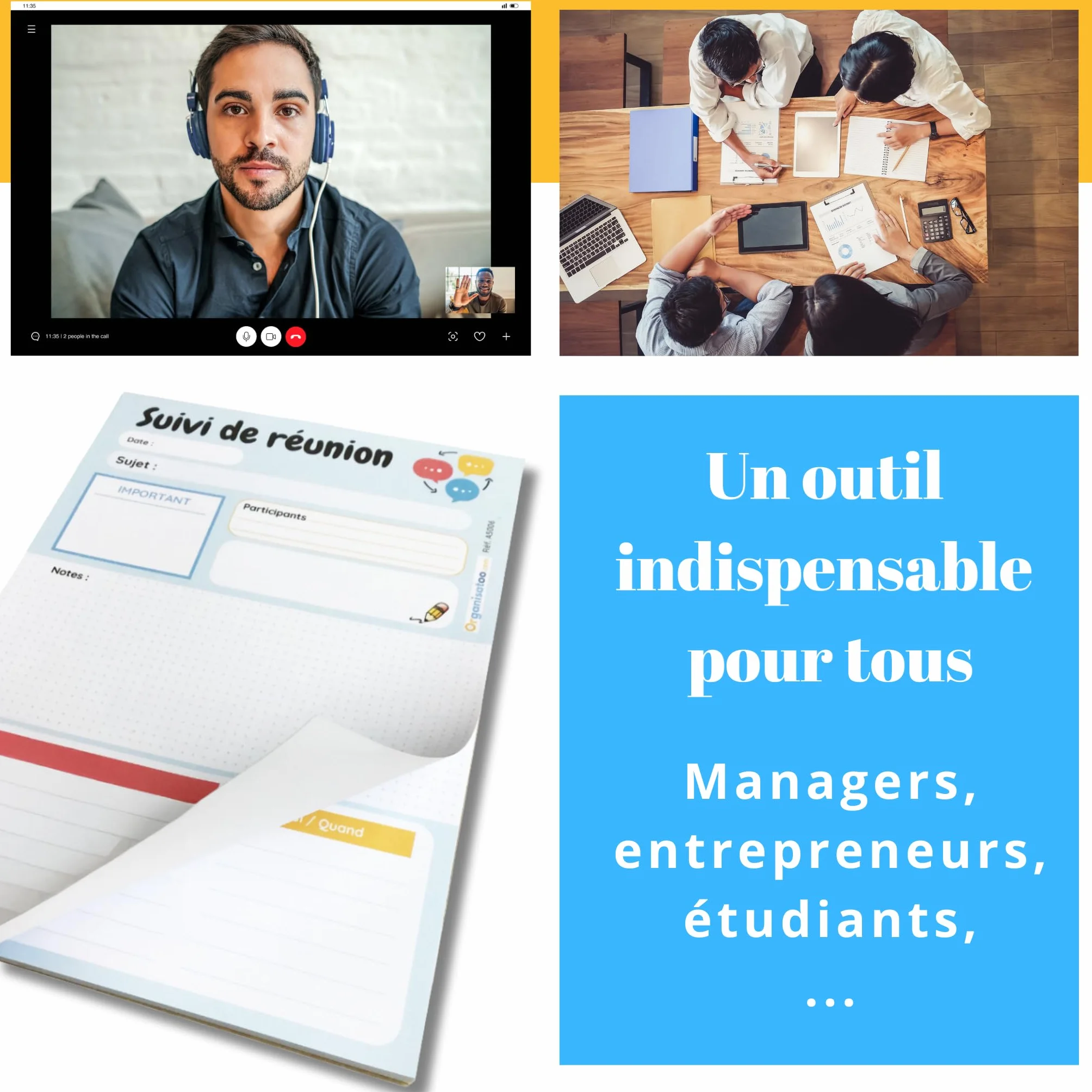 Bloc-notes suivi de réunion A5 50 pages détachables pour équipe managers entrepreneurs