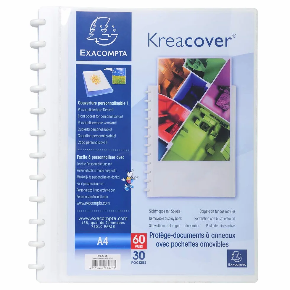 Exacompta Protège-documents amovible à anneaux 30 pochettes A4 24,5x31cm blanc Kreacover