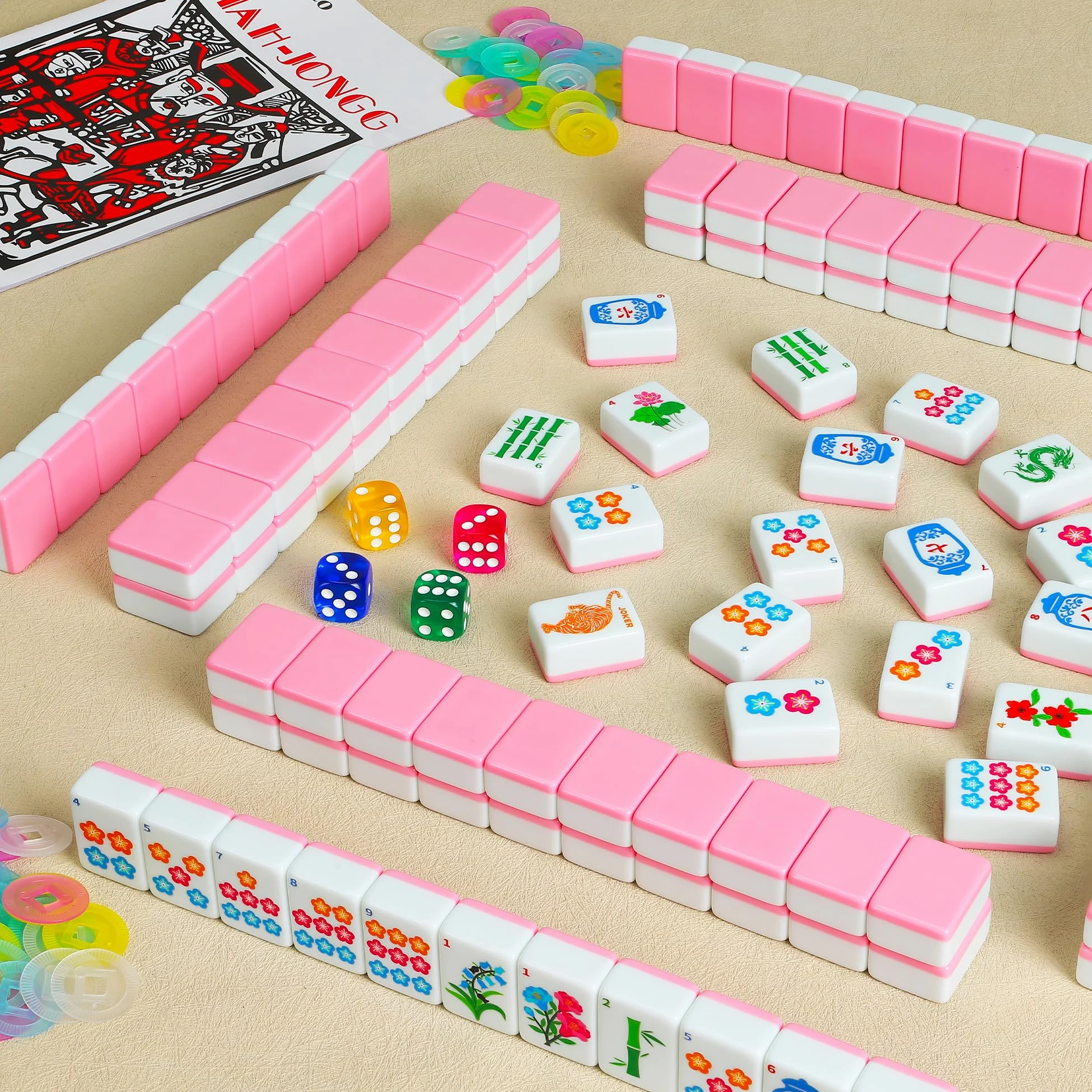 Mahjong Tile Set de 168 mahjongs avec 4 dés et sac de transport | Ensemble de mahjong portable pour voyage, fête, famille, loisirs (3 cm)