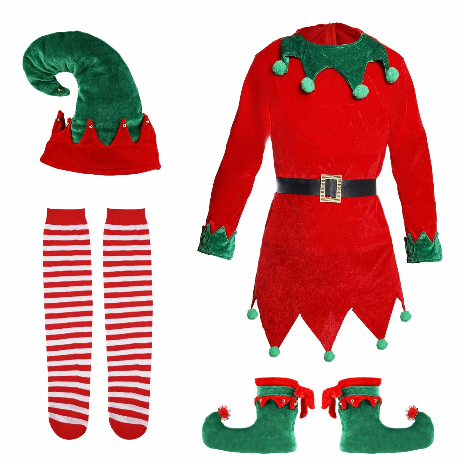 Ensembles de Costume Elfe de Noël avec Chapeau, Chaussettes Rayées et Chaussures Cloche