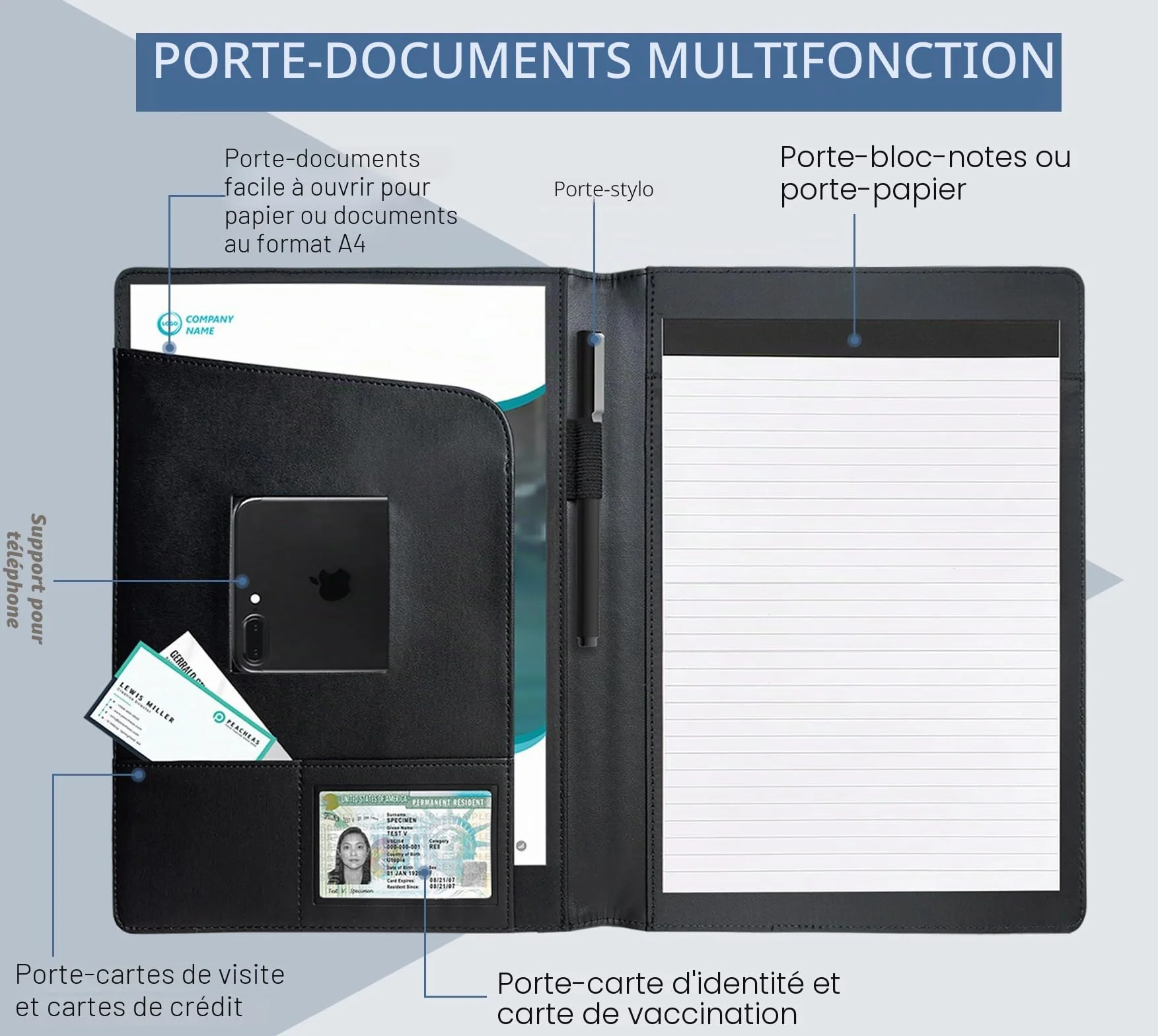 Portfolio en Cuir PU A4 Porte Documents Organisateur Multi-poches avec Tablette Magazine