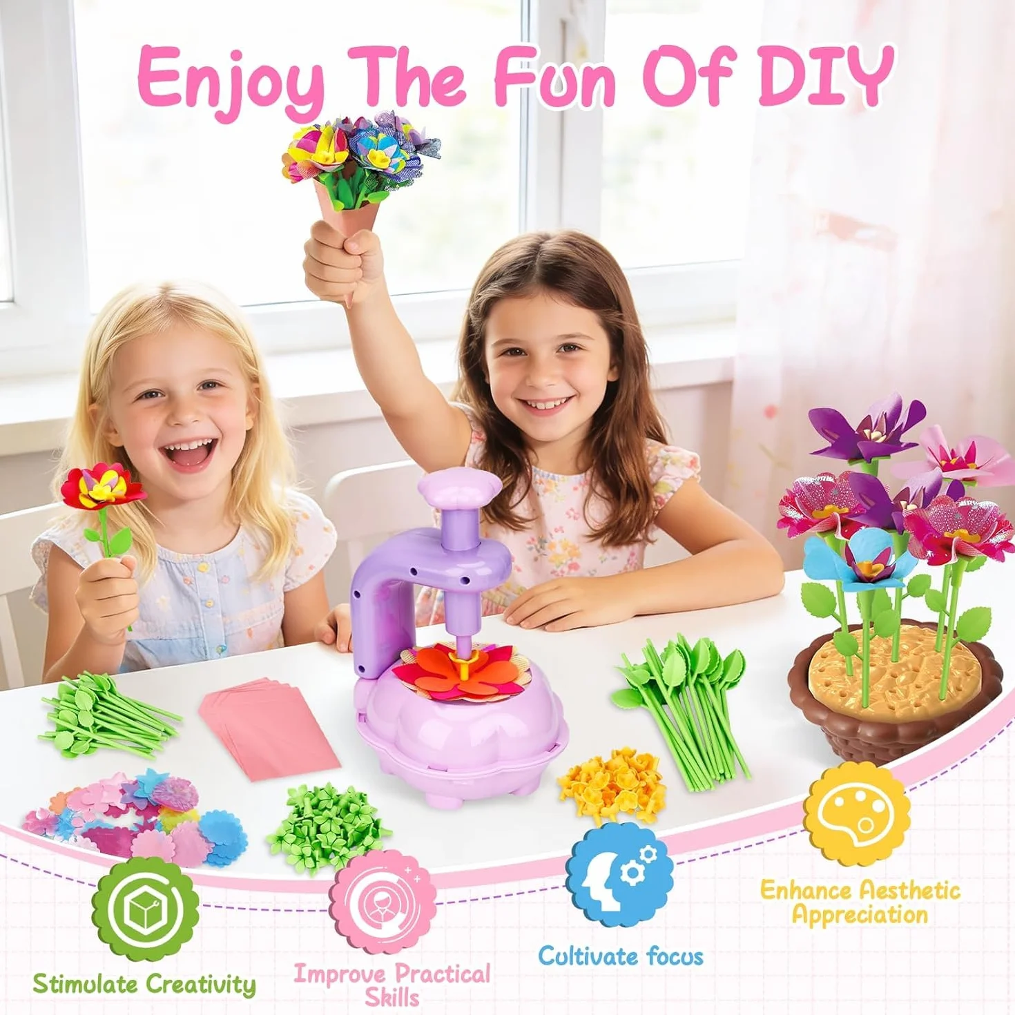 Kit Fabrication de Fleurs Tissu Bricolage Créatif pour Filles 3+ Ans Violet