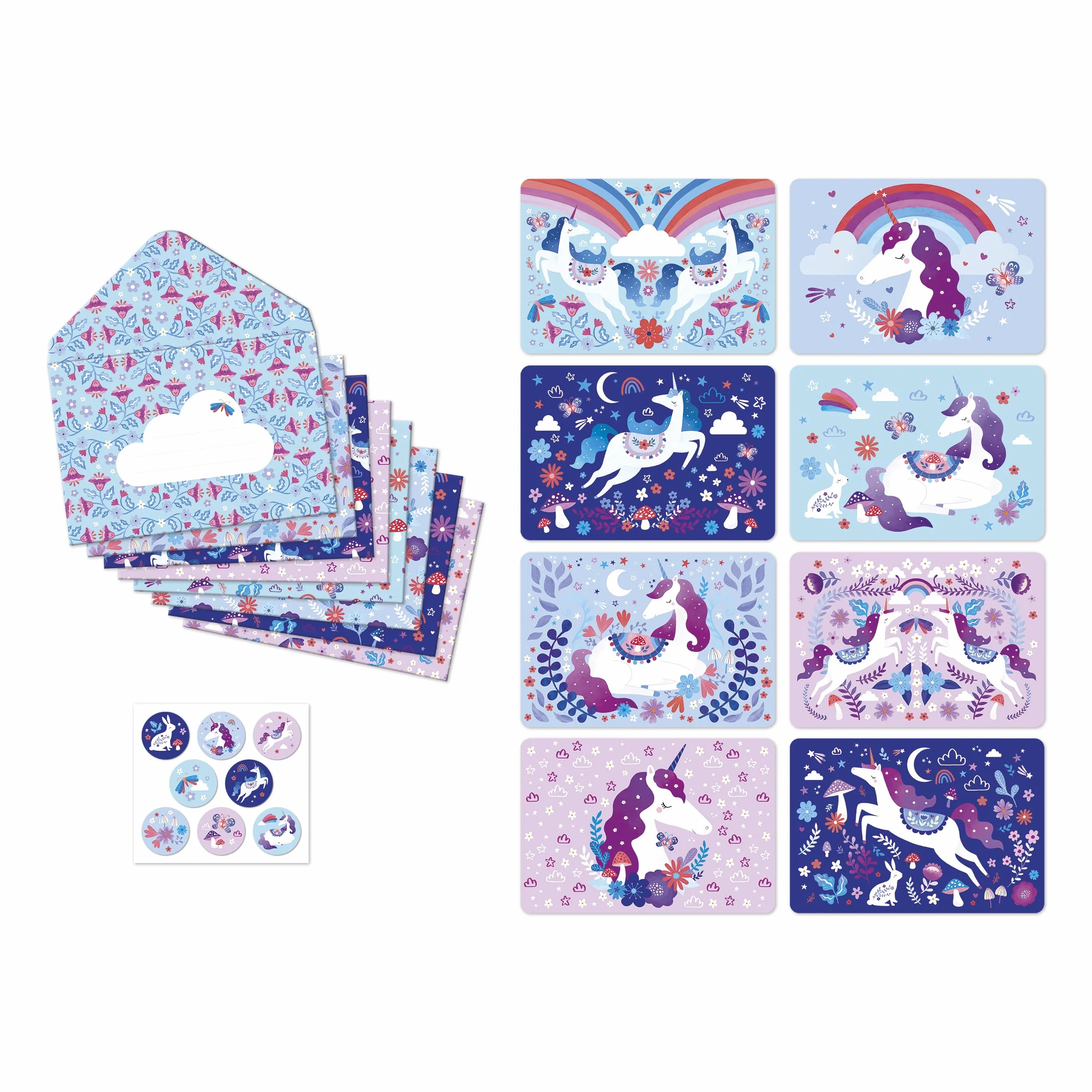 Janod Set d'Invitations Licorne 8 Cartes 8 Enveloppes 1 Planche Autocollants - Invitation Anniversaire 6 Ans+