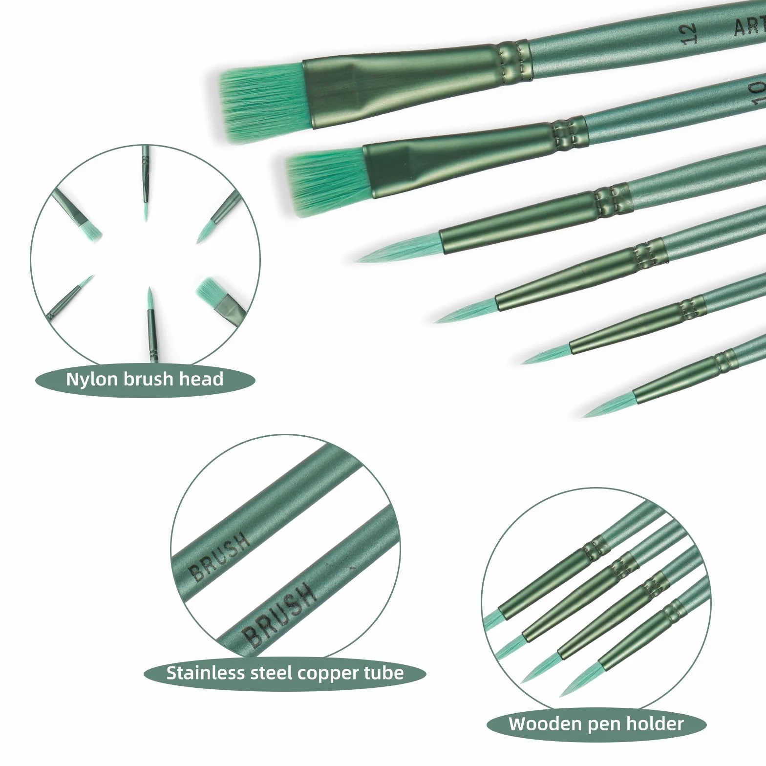 Lot de 6 Pinceaux Acryliques Professionnels Poils Nylon pour Peinture Huile Aquarelle Gouache Détails Fins Traits Larges Débutants Pros Vert