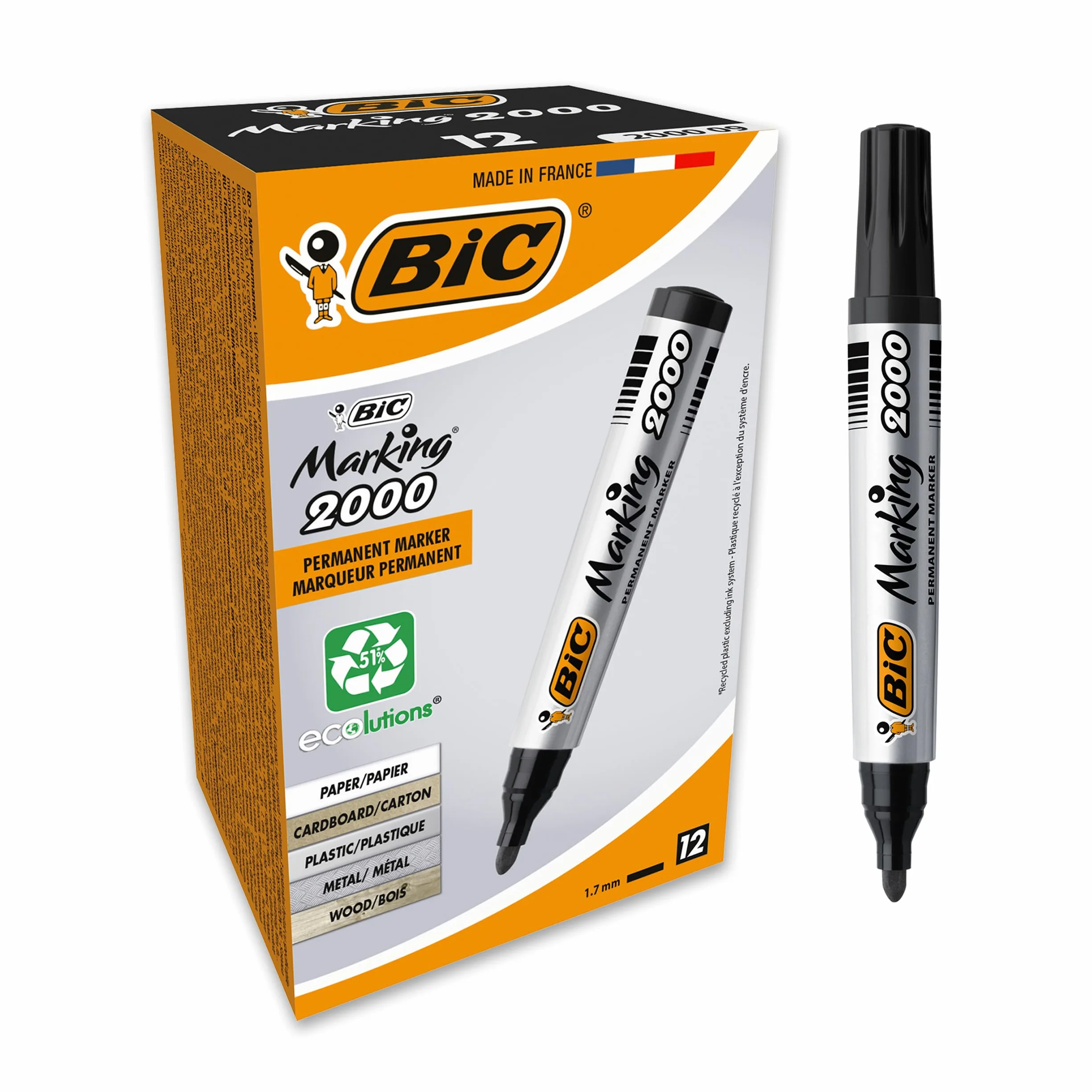 BIC Marking 2000 ECOlutions Marqueurs Permanents Pointe Conique Moyenne Noir Boîte de 12