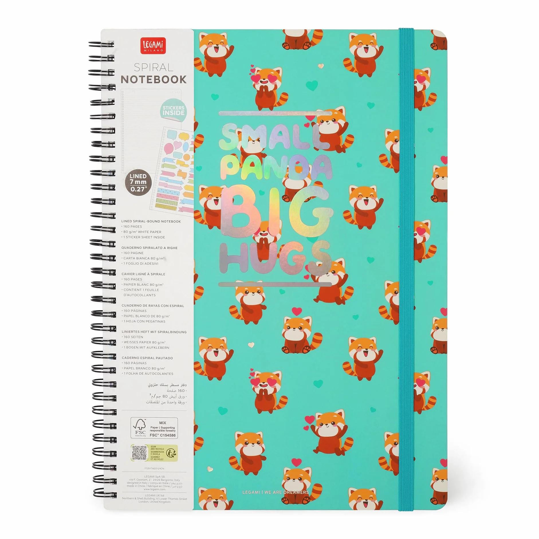 Legami Cahier à rayures A4 Spiral Notebook Maxi 160 pages détachables papier FSC élastique fermeture 21 x 29 cm Red Panda