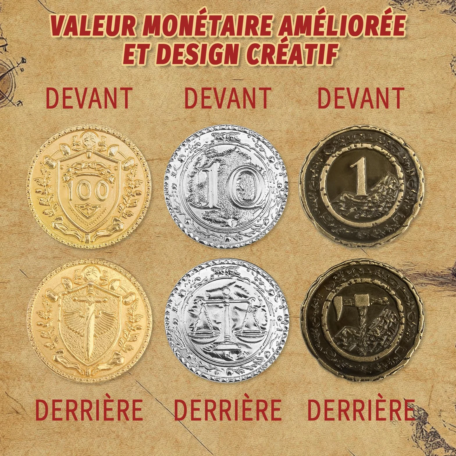 Byhoo Lot de 50 pièces de monnaie DND en métal 3,35 cm - Doré/argenté/cuivre - Pour jeu de société et RPG