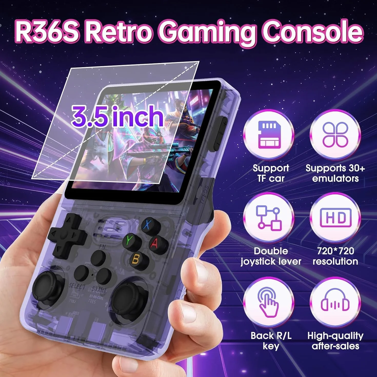 Console de Jeu Portable Rétro R36S 128 Go 40000 Jeux Classiques Linux Écran HD IPS 3,5 Pouces Violet