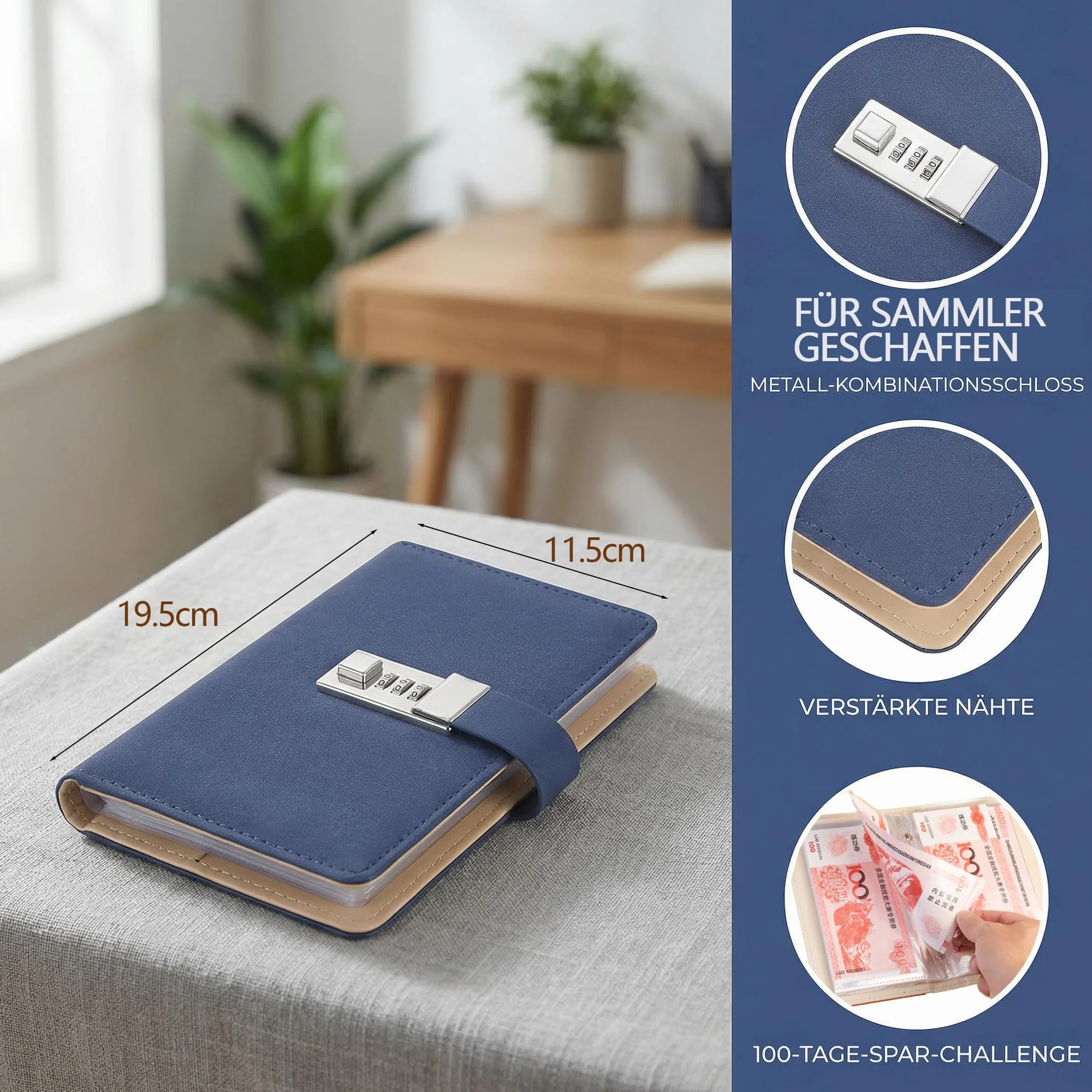 Classeur Budget A6 avec Serrure à Code, Pochette PVC 100, Planner Français, Petit Carnet en Pu Cuir, Password Pochette Monnaie Organisateur Bleu