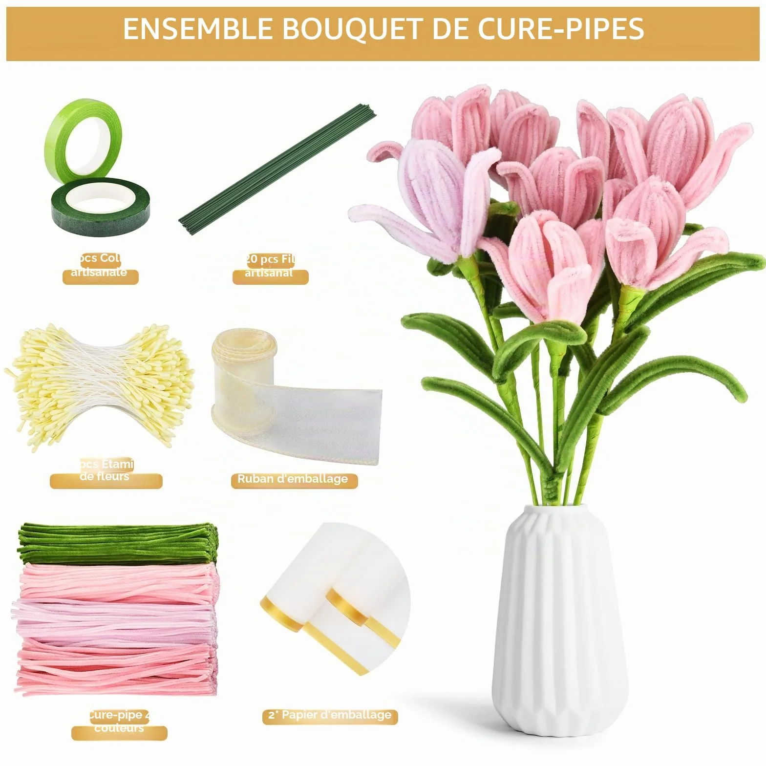 Kit de Fleurs DIY 350Pcs – Fil Chenille Pastel pour Enfants – Cure-Pipe Fleur avec Tige Verte – Loisir Créatif Bouquet de Roses
