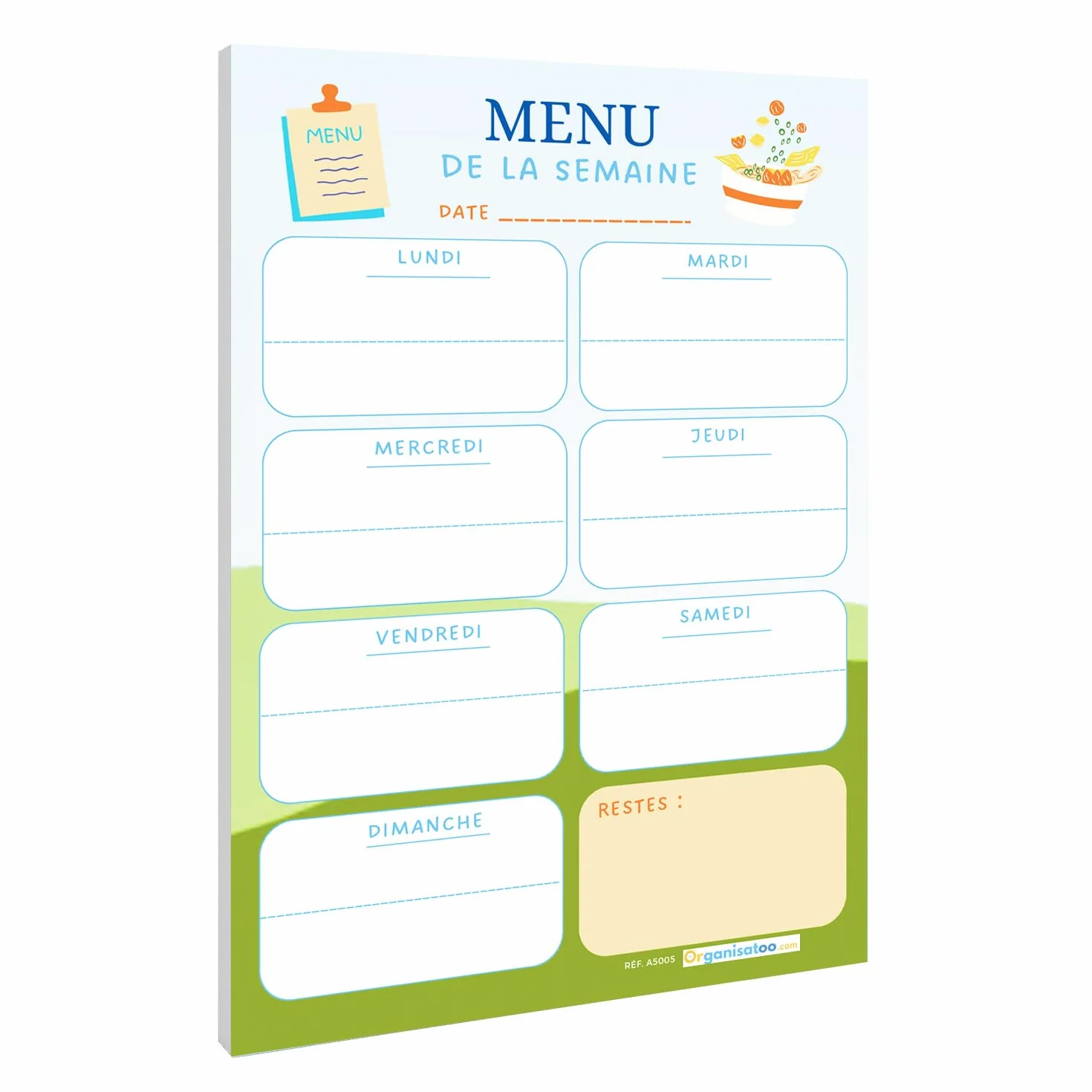 Bloc menu de la semaine - planificateur des repas hebdomadaire A5 - organisation quotidien 50 pages