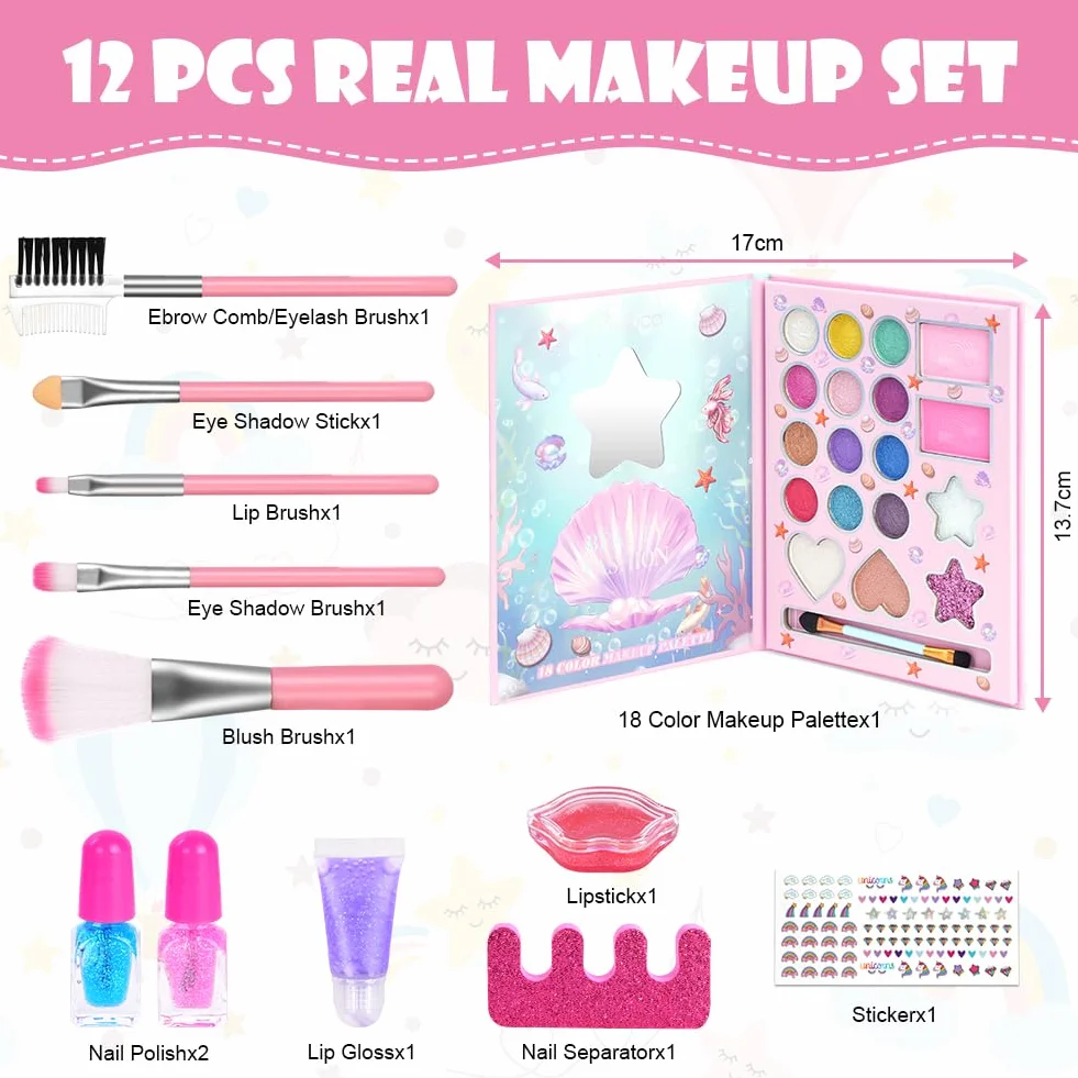 Aomig Coffret Maquillage Enfant Jouet Filles, Kit de Maquillage Enfant Lavable Non Toxique 12 Pièces