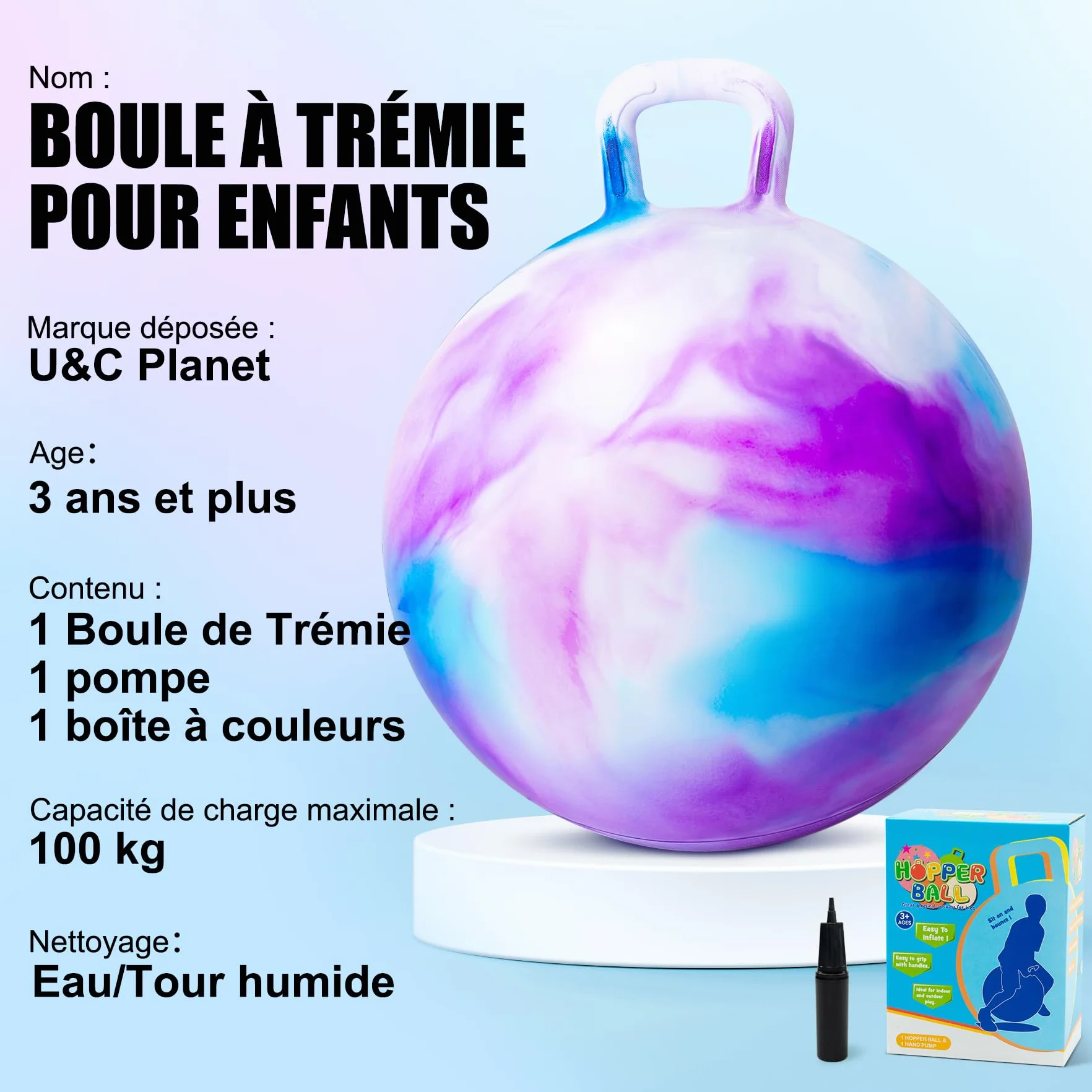 U&C Planet Ballon Sauteur Gonflable 45 cm pour Enfants 100 KG Jouet 3-6 Ans