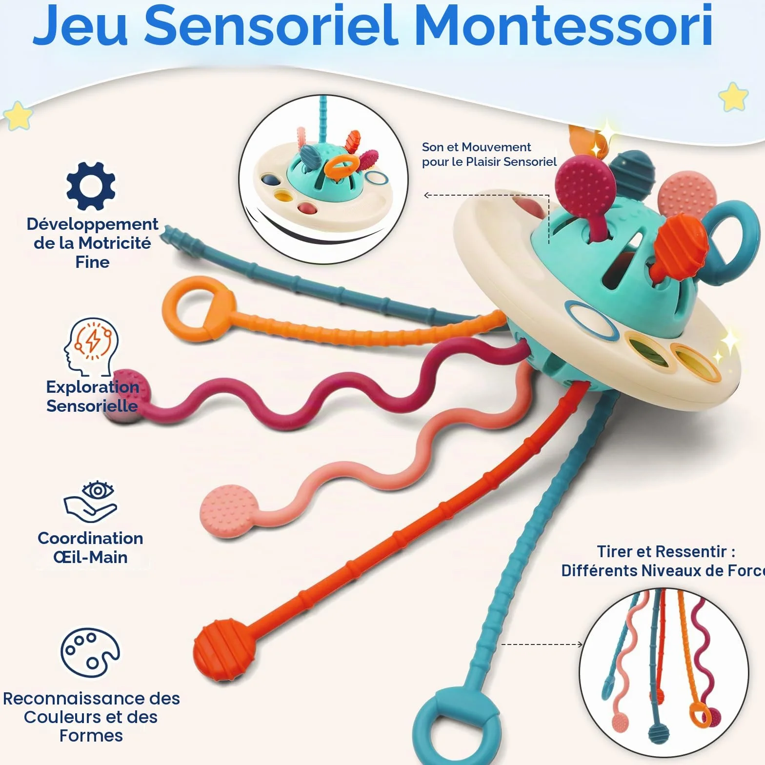 Jouet Sensoriel Montessori Bébé 1 an, Jouet à Tirer OVNI Éducatif Motricité Fine