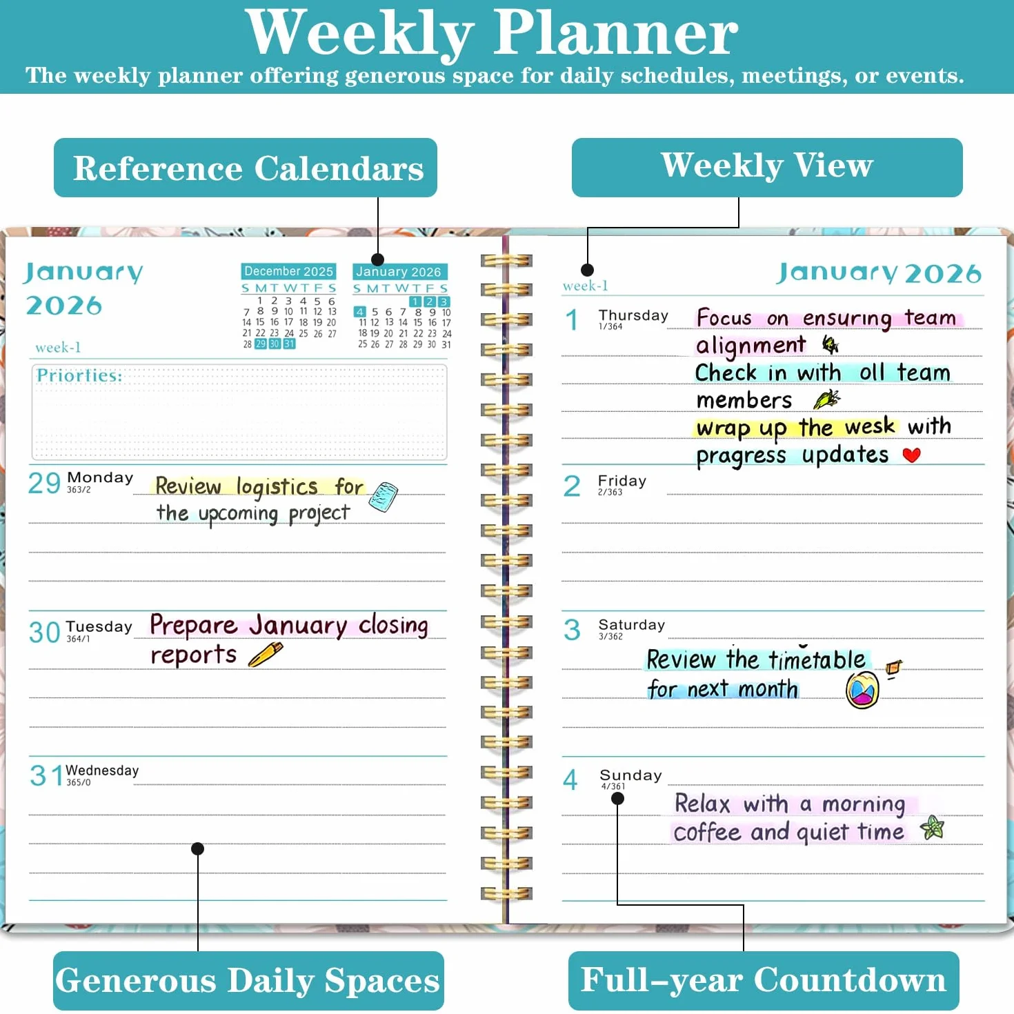 Agenda 2026 Semainier Mensuel Relié 15,8x21,7 cm Design Floral Organisateur avec Onglets Notes Autocollants Planificateur Productivité Bureau Études Maison