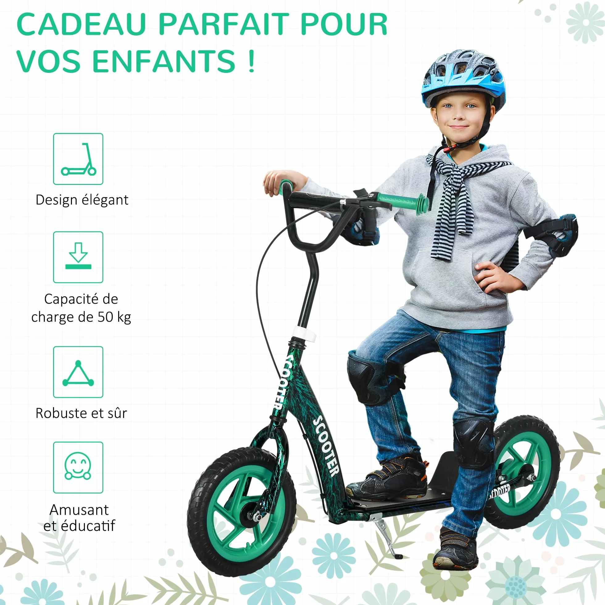 AIYAPLAY Trottinette Enfant 6-12 Ans Grandes Roues 30 cm Hauteur Réglable Frein Arrière Béquille
