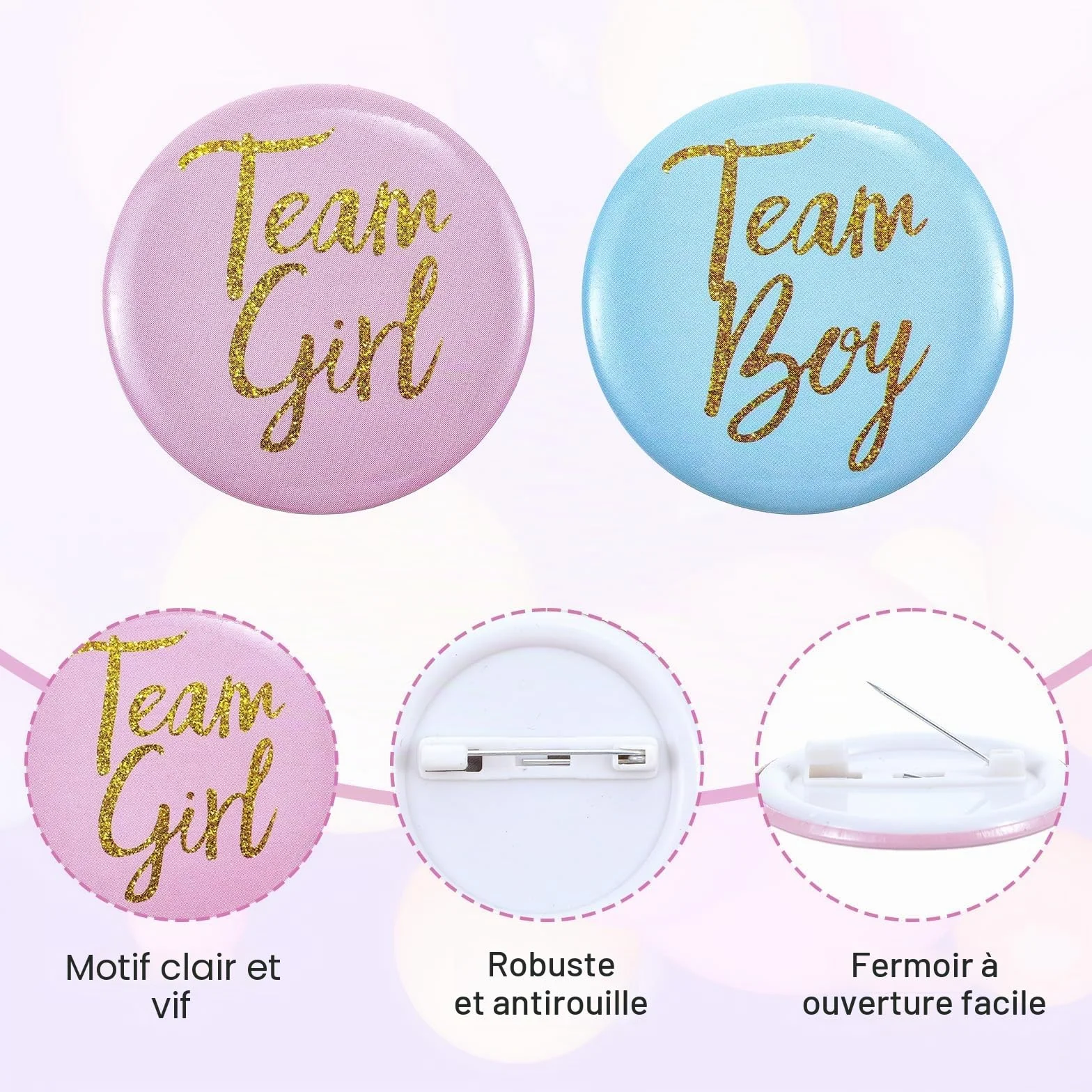 Ouligay Lot de 30 badges révélateurs de sexe 4,5 cm rond Pinback bleu et rose