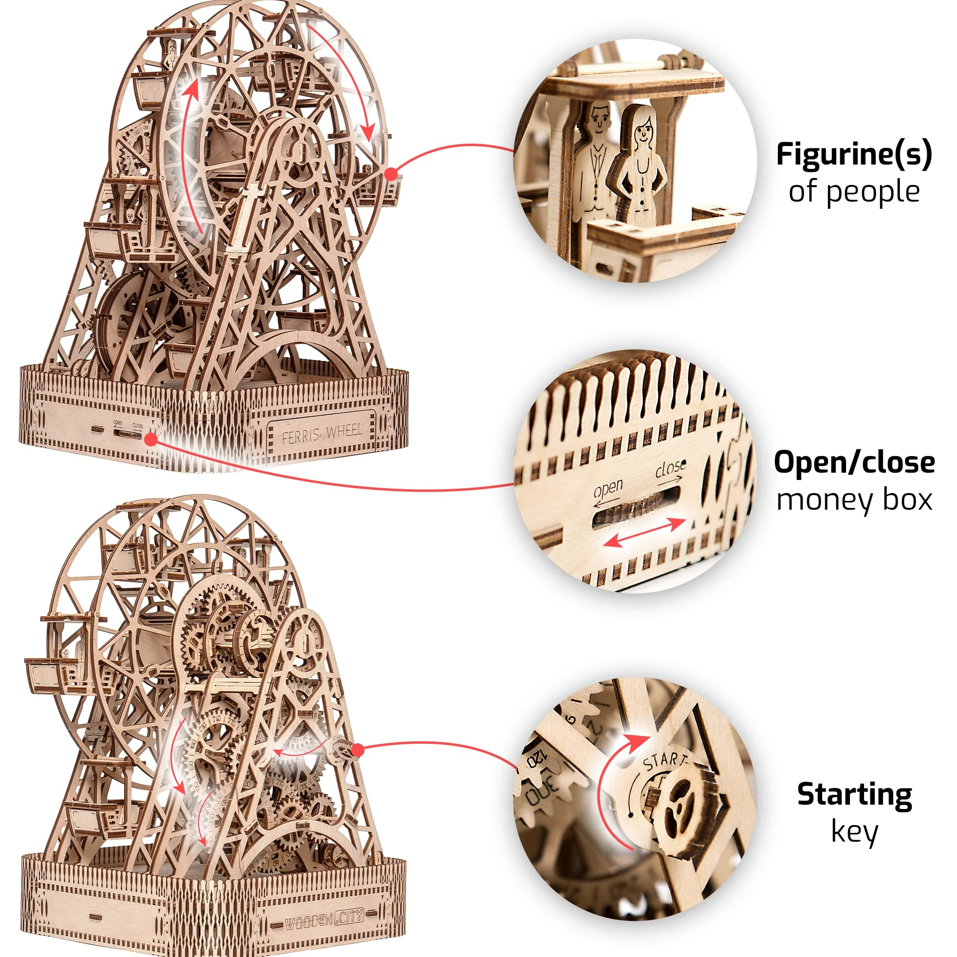 WOODEN.CITY Puzzle 3D Grande Roue Mécanique - Maquette en Bois à Construire - Puzzle Adulte - Découpe Laser - Cadeau Unique pour Homme, Mari, Partenaire, Collègue - 220mm x 260mm x 322mm
