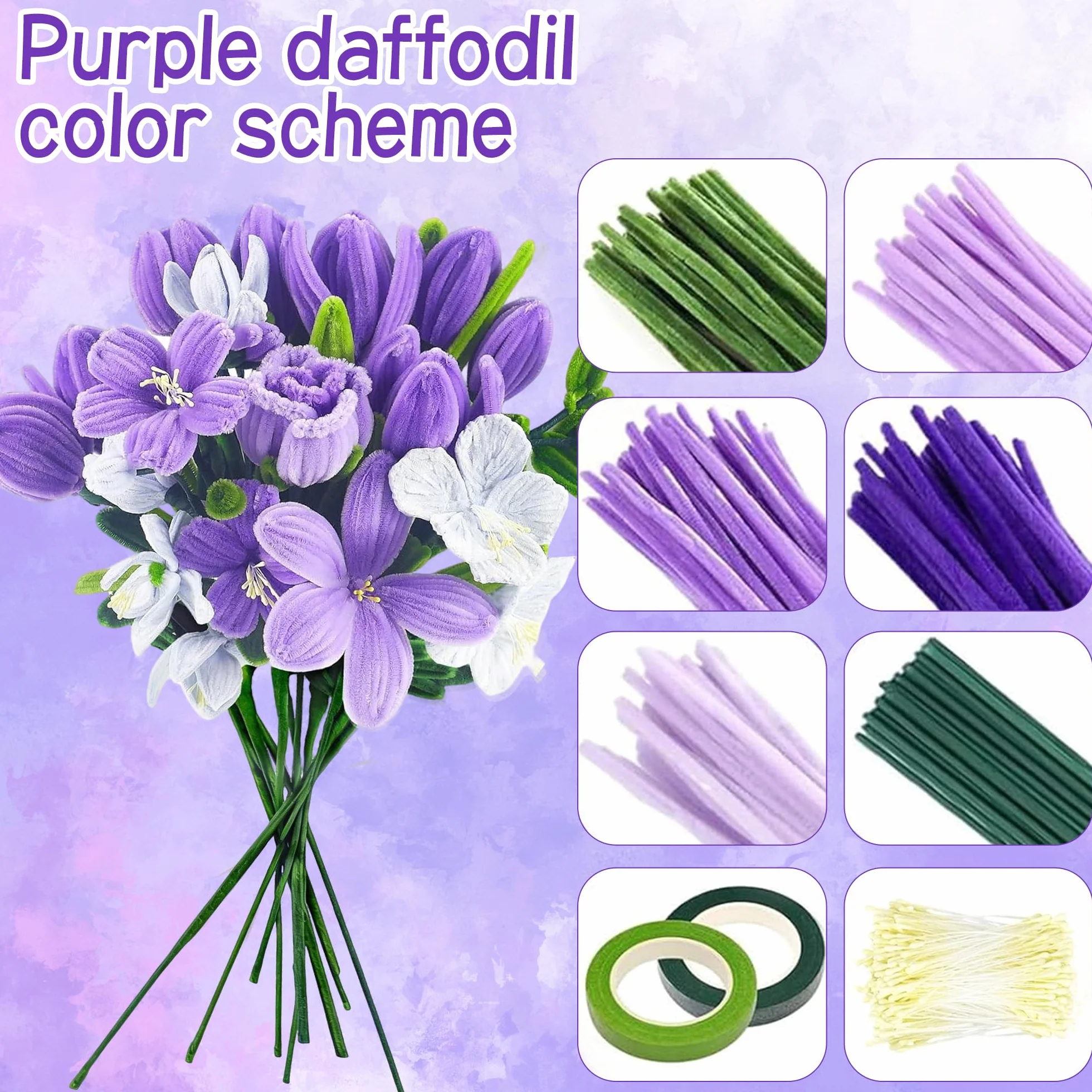 Kit Complet Fleurs en Fils Chenille 850 Cure-Pipes 15 Couleurs avec Étamines Artificiel pour Décoration DIY