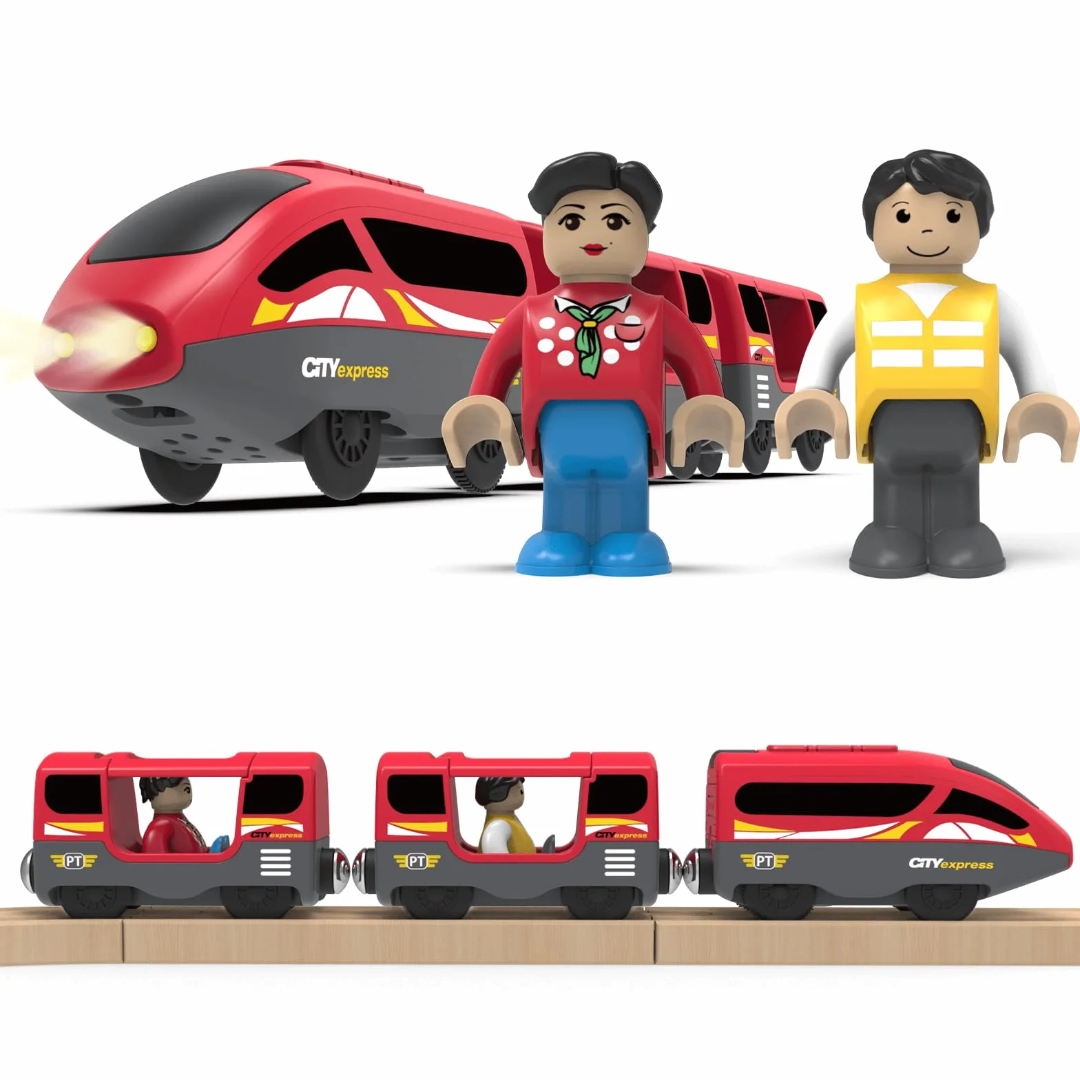 Train à Piles en Bois pour Chemin de Fer, Jouet Locomotive Son et Lumière, Véhicule Électrique Enfant 3-8 Ans Compatible Brio Thomas Rouge
