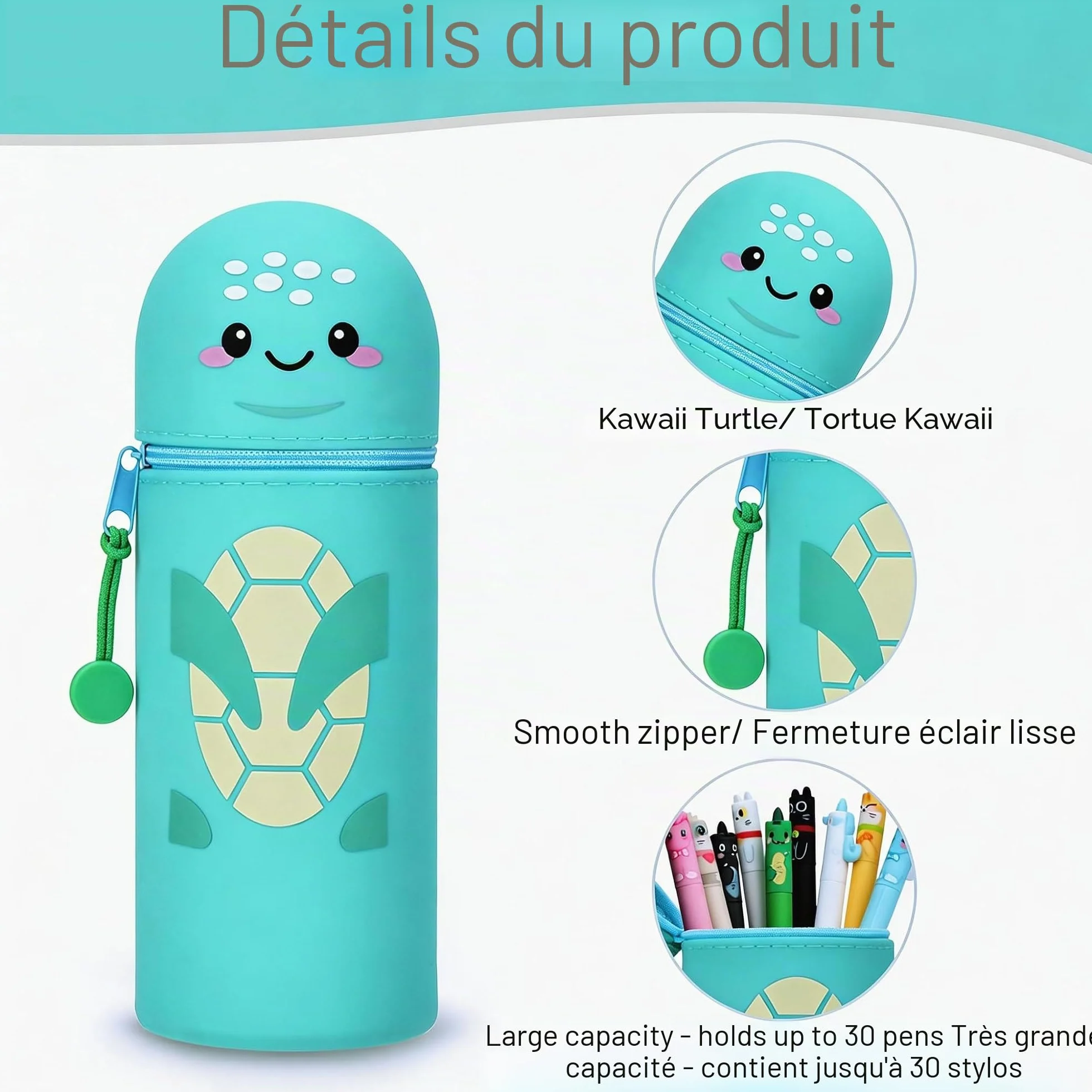 Kawaii Trousse 2 en 1 silicone souple - Porte-crayons de table, fermeture éclair, H 18,5 cm