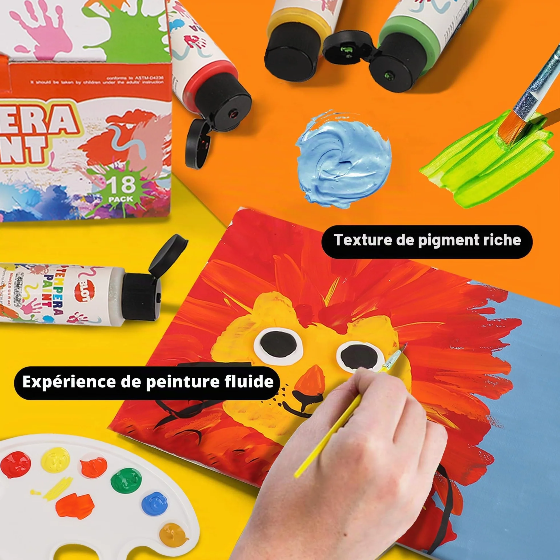 BLOT Tempera Peinture Enfants 18 Couleurs Peinture Doigt Lavable Non Toxique avec Pinceaux