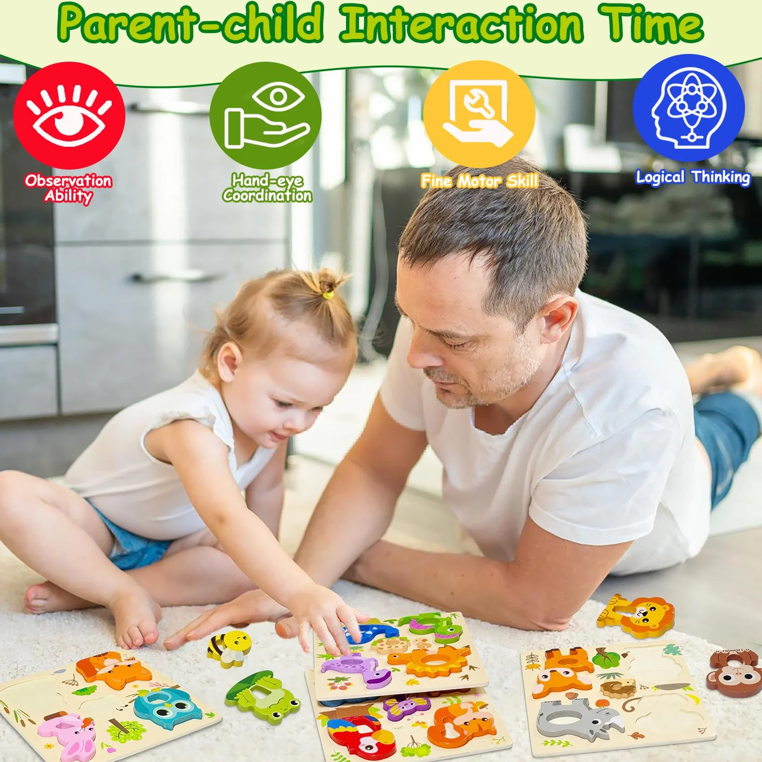 Puzzle en Bois Bebe 1 an 4 Pièces Animaux Montessori Jouet Educatif pour Enfant