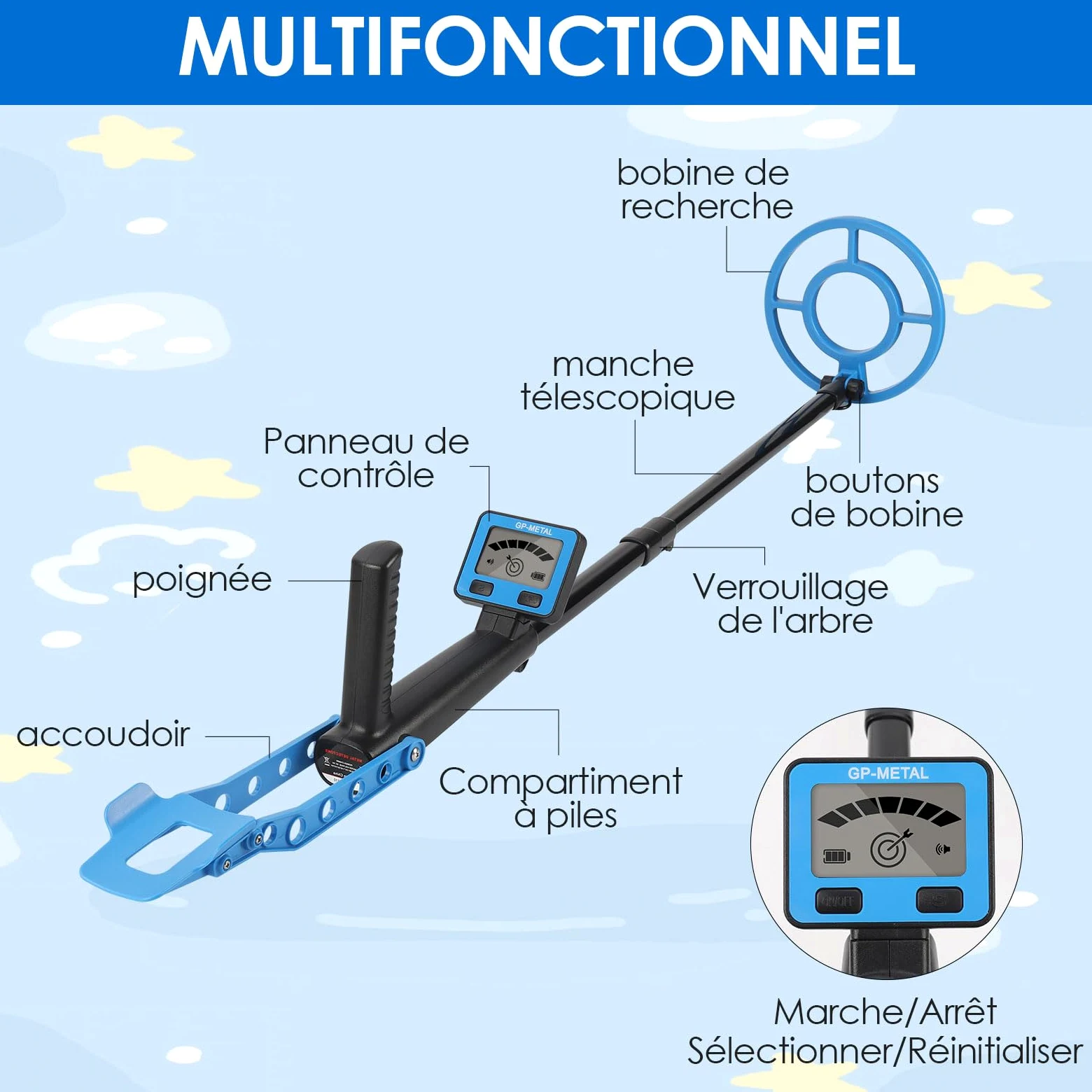 Détecteur de Métaux Enfants, Détecteur de Haute Précision Métaux avec Écran LCD, Poignée Réglable, Bobine de Recherche, Très Léger pour Enfants, Exploration en Plein Air