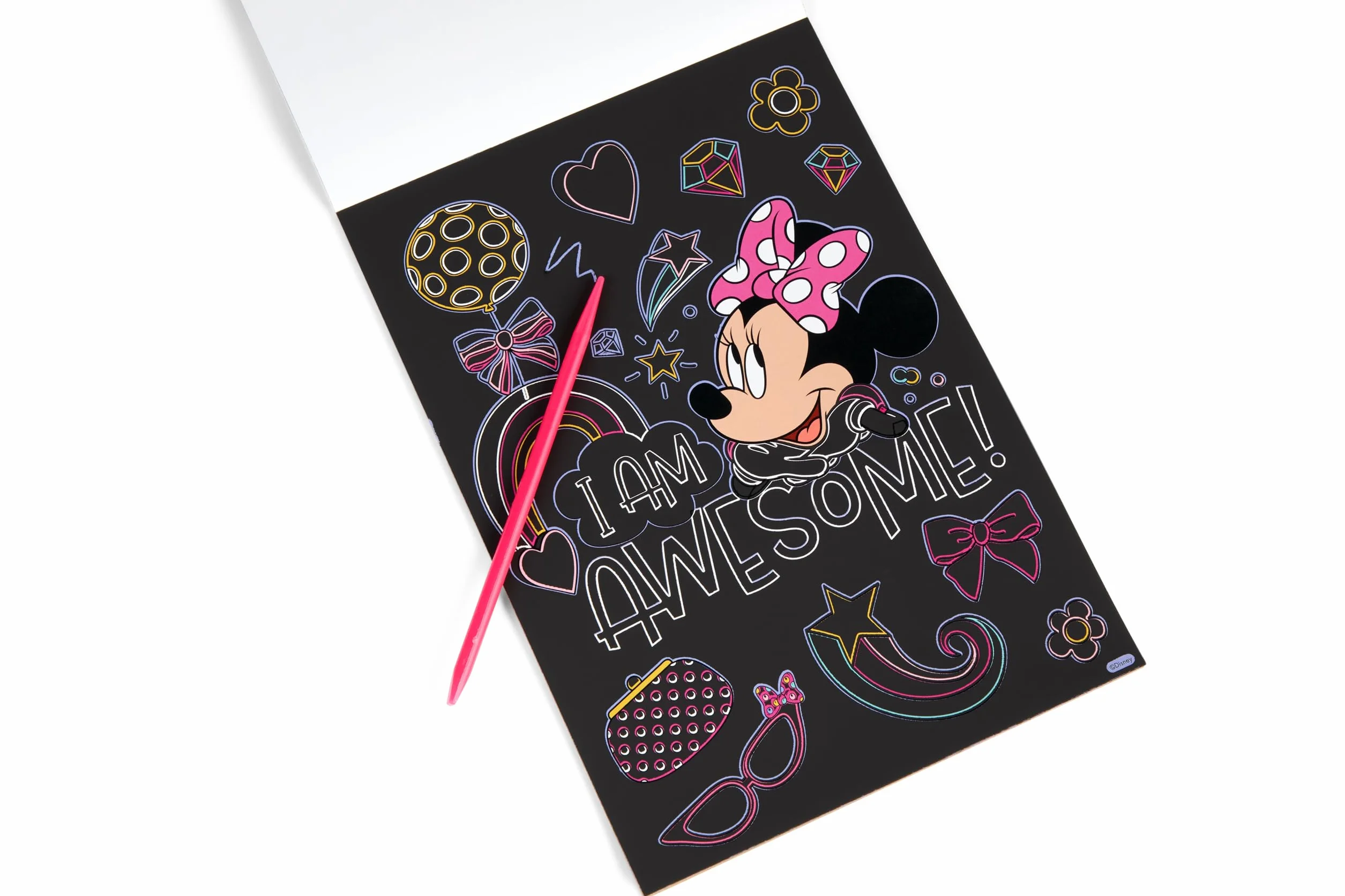 Disney Minnie Mouse Livre d'images à gratter A5 pour enfants avec stylo en bois et 15 motifs arc-en-ciel