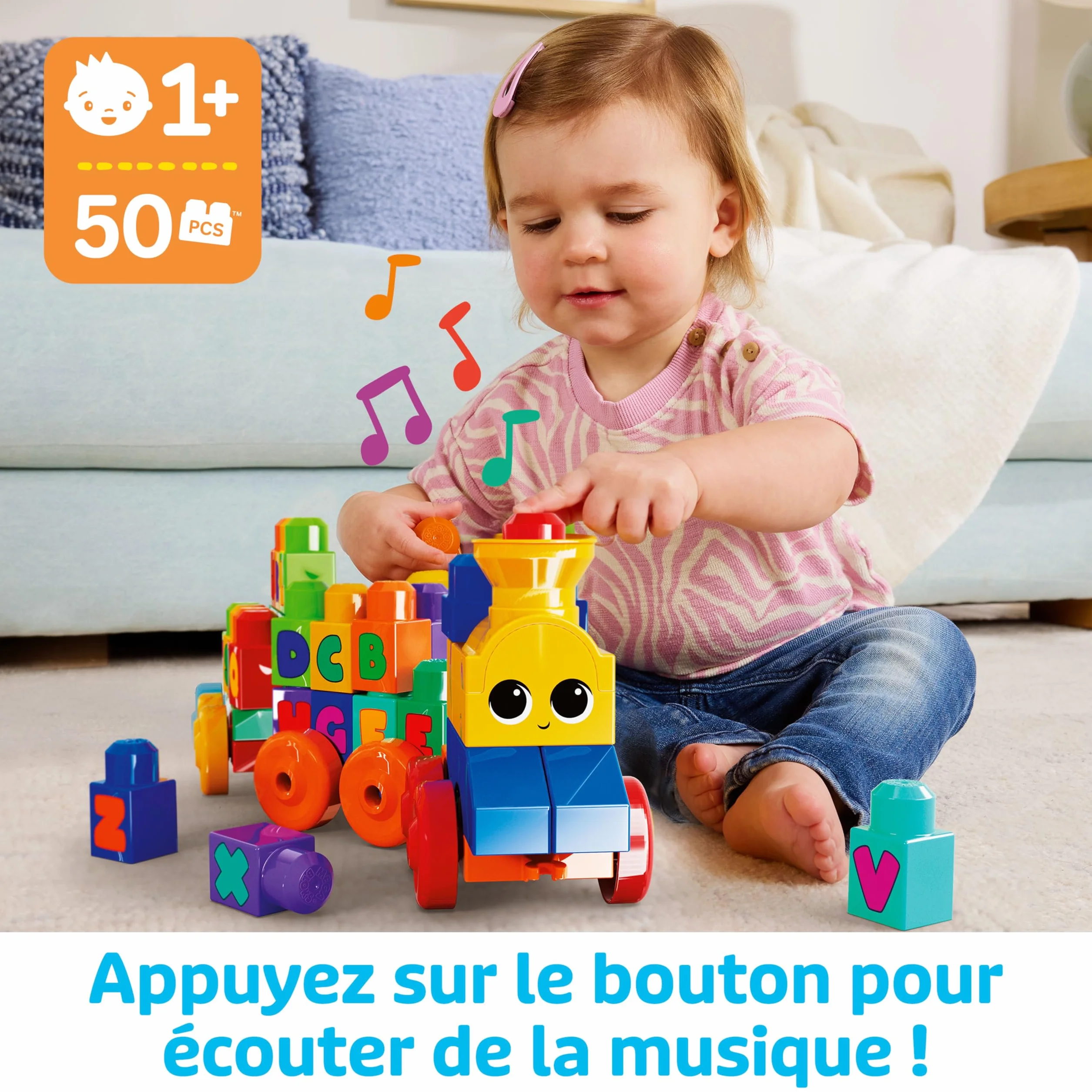 MEGA Bloks Le Train de L'Alphabet, jeu de blocs de construction 50 pièces FWK22