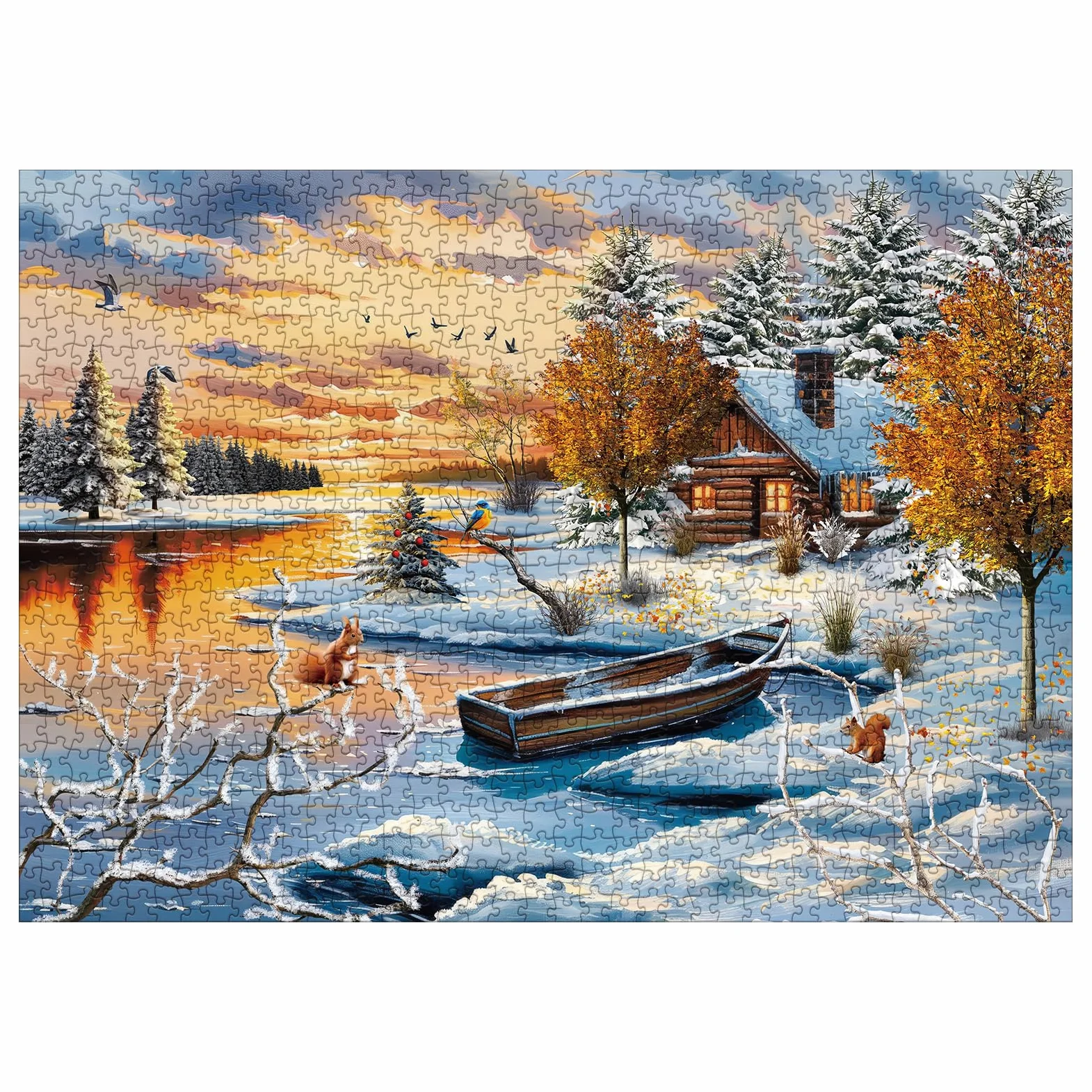 Puzzle paysage naturel d'hiver pour adultes 1000 pièces, joli coucher de soleil sur le lac maison arbre puzzles, puzzle enneigé scénique cabane rivière animal