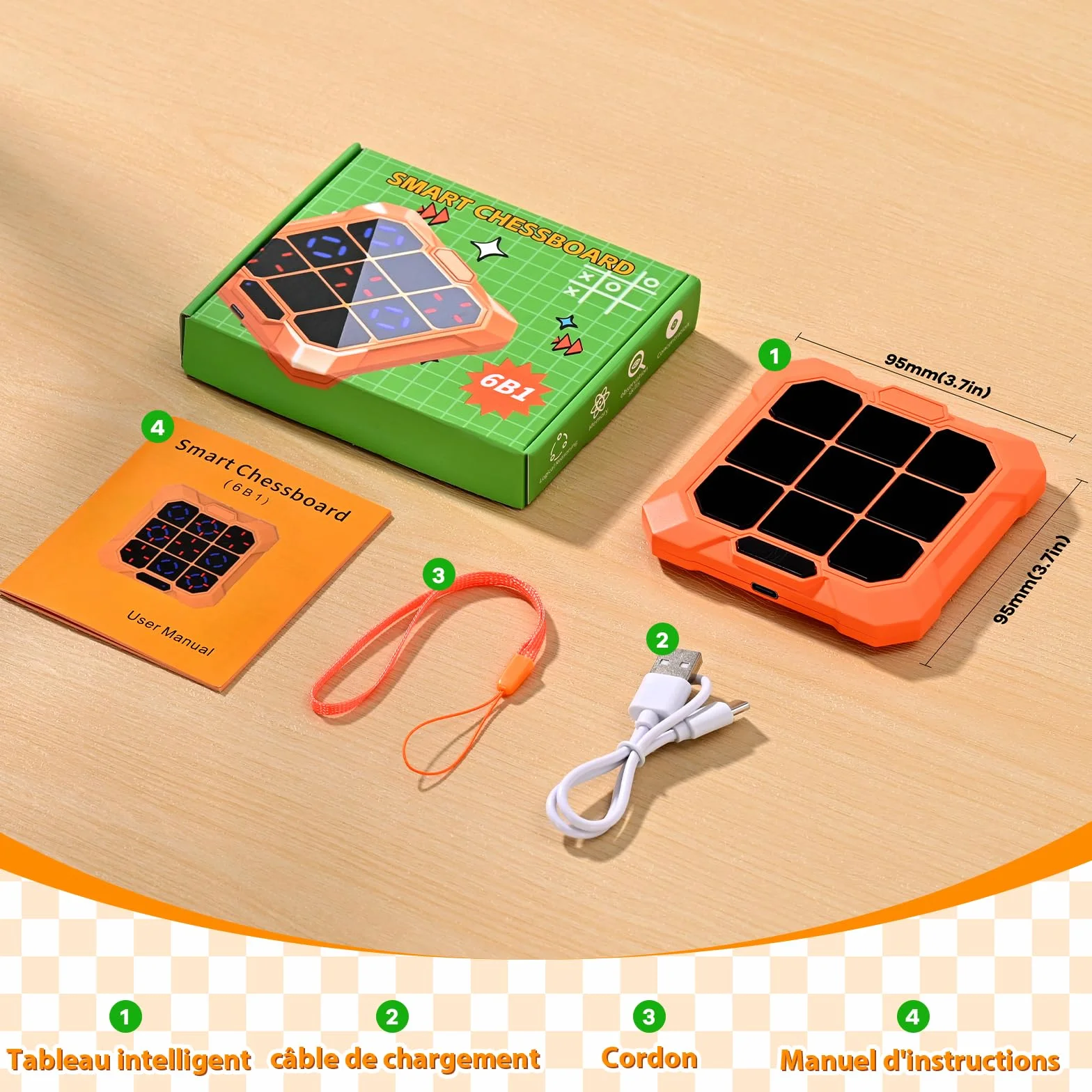 BlueSwan Morpion Électronique 6‑en‑1 Console de Jeu Portable Rechargeable avec Mode Silencieux Orange