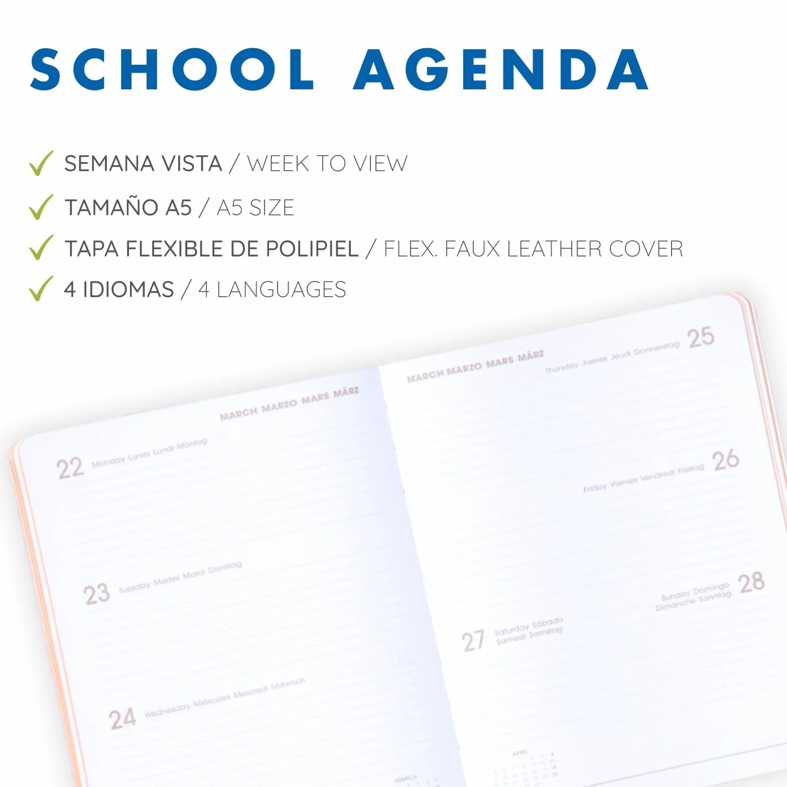 Agenda Scolaire 2026 2027 Septembre à Juin Semaine Vue A5 15x21 cm Langues ESP ENG FRA ALL Couverture Souple Simili Cuir Fermeture Élastique Avec Stickers Green Mousse
