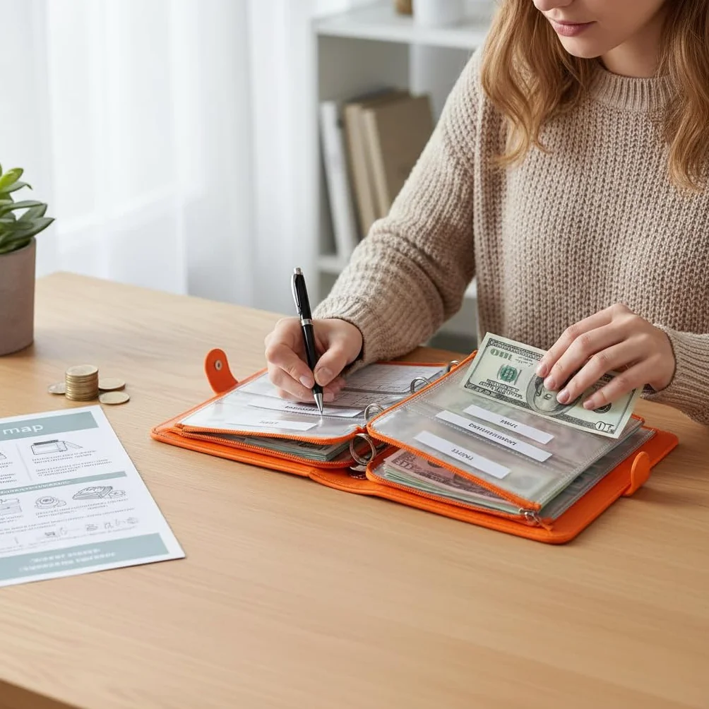 Lot de 100 enveloppes pour défi d'économie d'argent, carnet A5 utilisable des deux côtés, classeur avec boucle magnétique (orange)