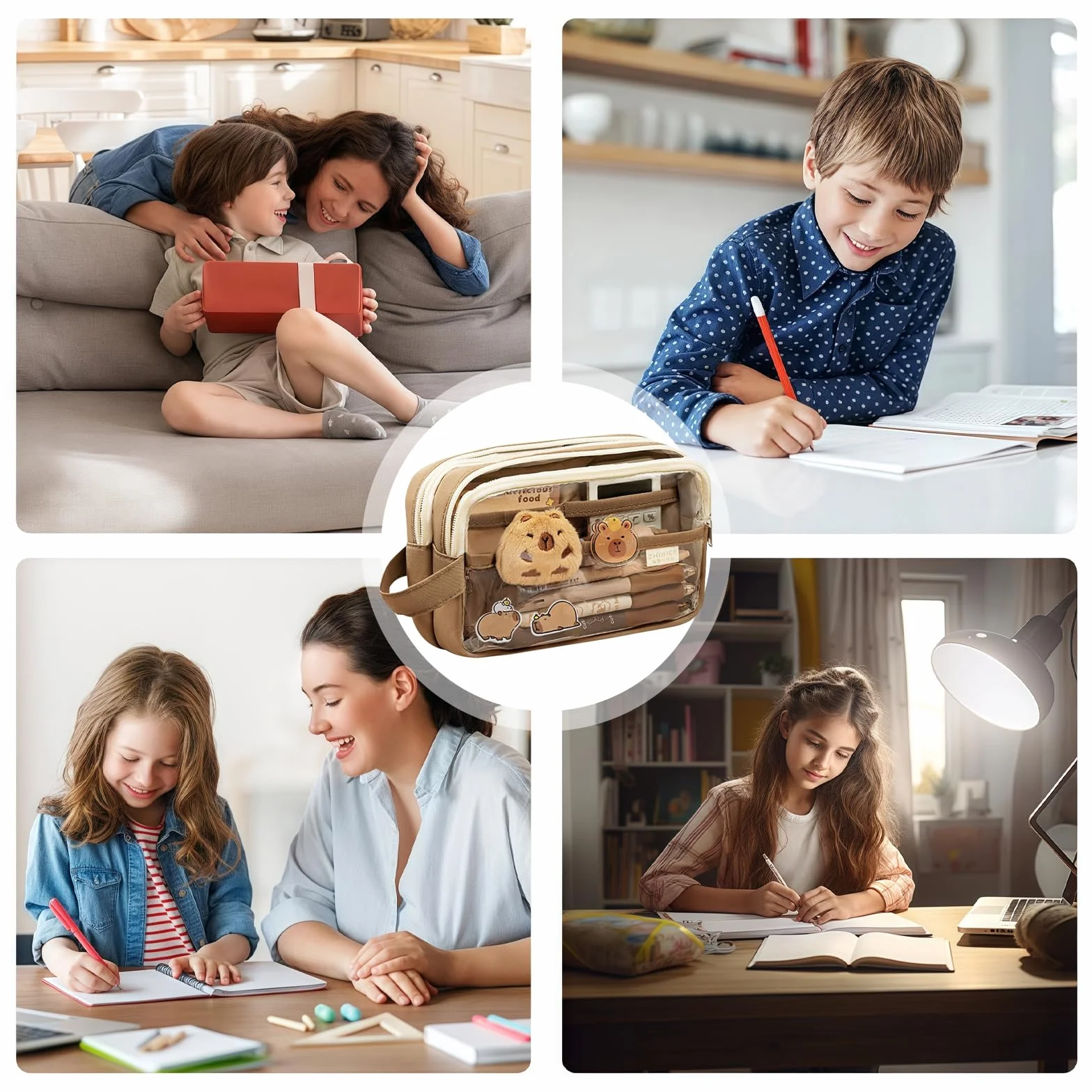 Trousse Capybara Ensemble Papeterie avec Stylo Autocollants Pins Porte-clés Blocs-Notes Grande Capacité Cadeau Fille Garçon