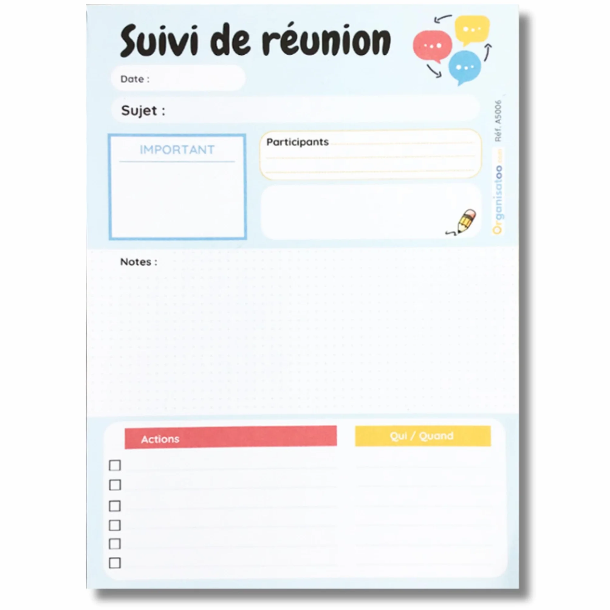 Bloc-notes suivi de réunion A5 50 pages détachables pour équipe managers entrepreneurs