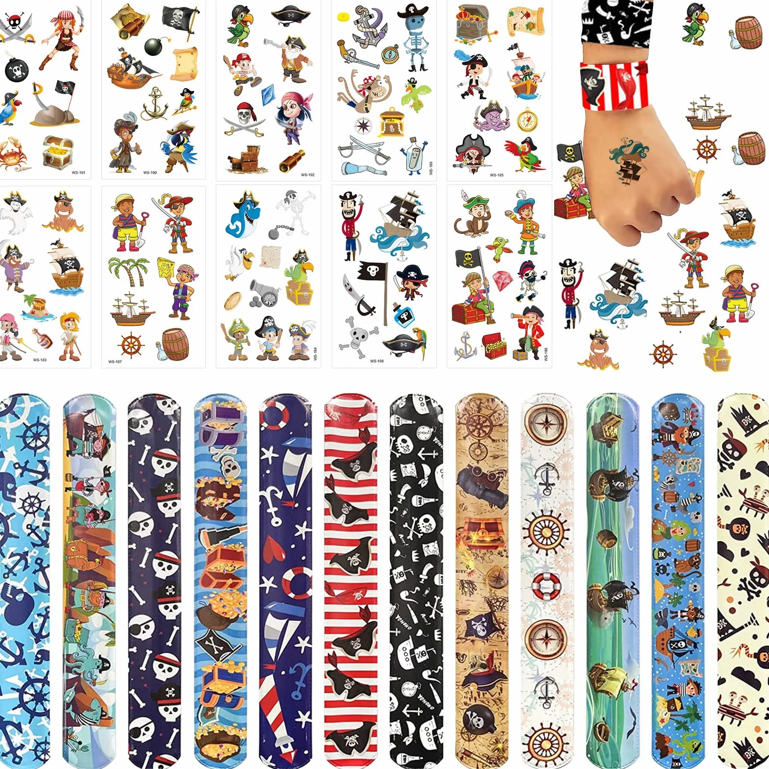 Lot de 22 accessoires de pirate - Bracelets de tatouage pour anniversaire enfant