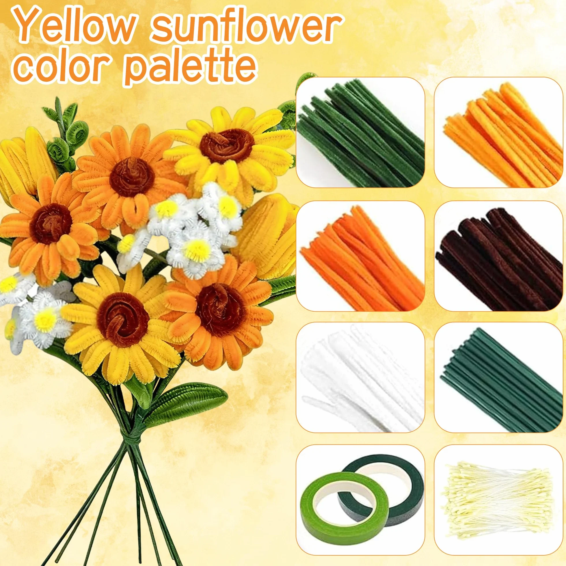 Kit Complet Fleurs en Fils Chenille 850 Cure-Pipes 15 Couleurs avec Étamines Artificiel pour Décoration DIY