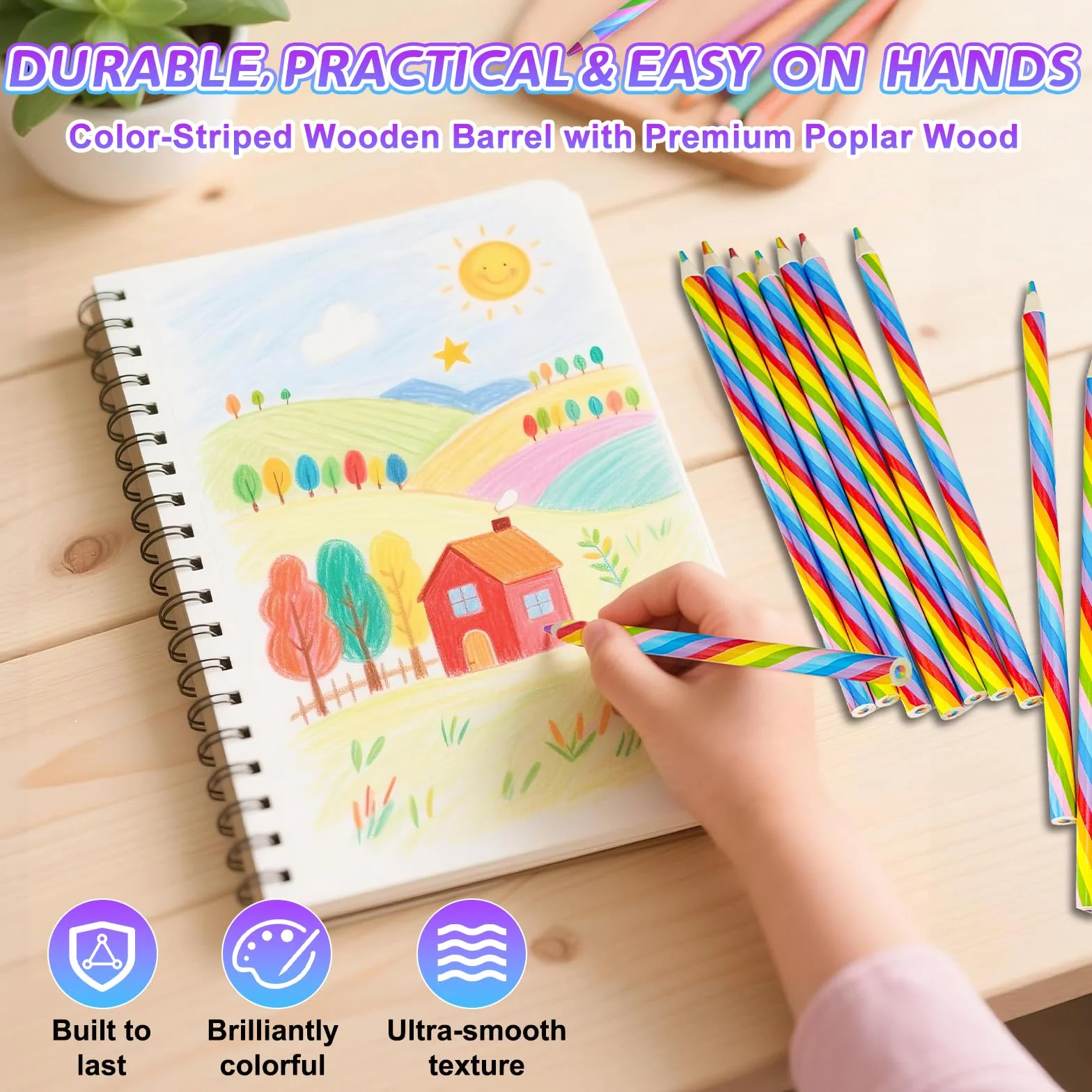 Crayons de couleur arc-en-ciel en bois 7 en 1 lot de 24 pour enfants adultes fournitures artistiques