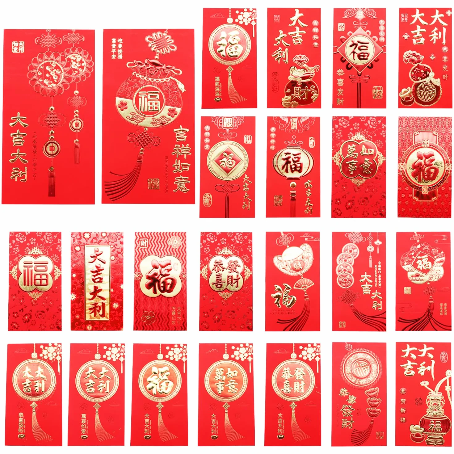 Lot de 24 enveloppes rouges chinoises Hong Bao Grande taille pour Nouvel An chinois, mariage