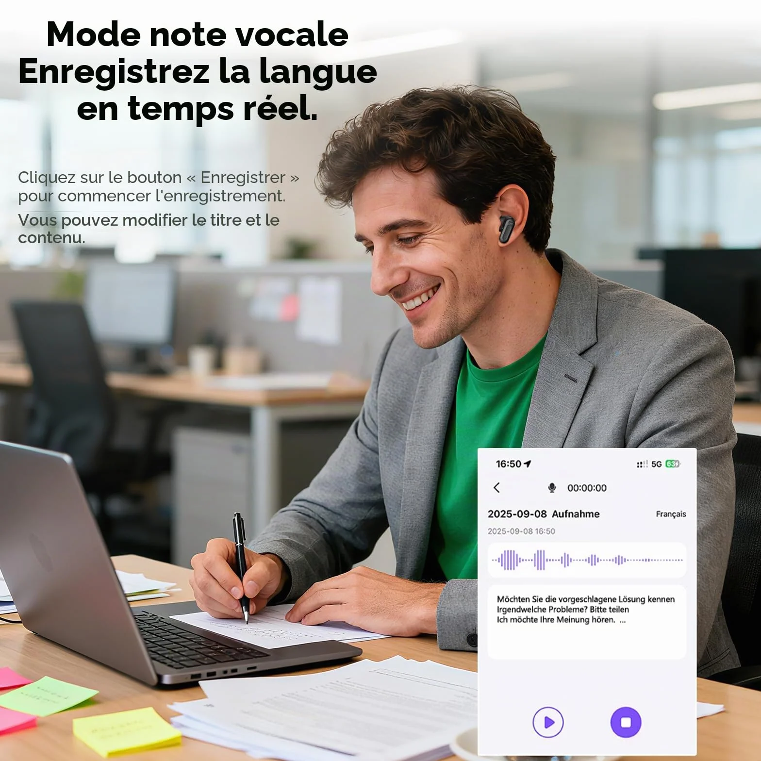 Traducteur Écouteur NE20 OWS Sans Fil 134 Langues IA Bluetooth 5.4 Écran LED Blanc