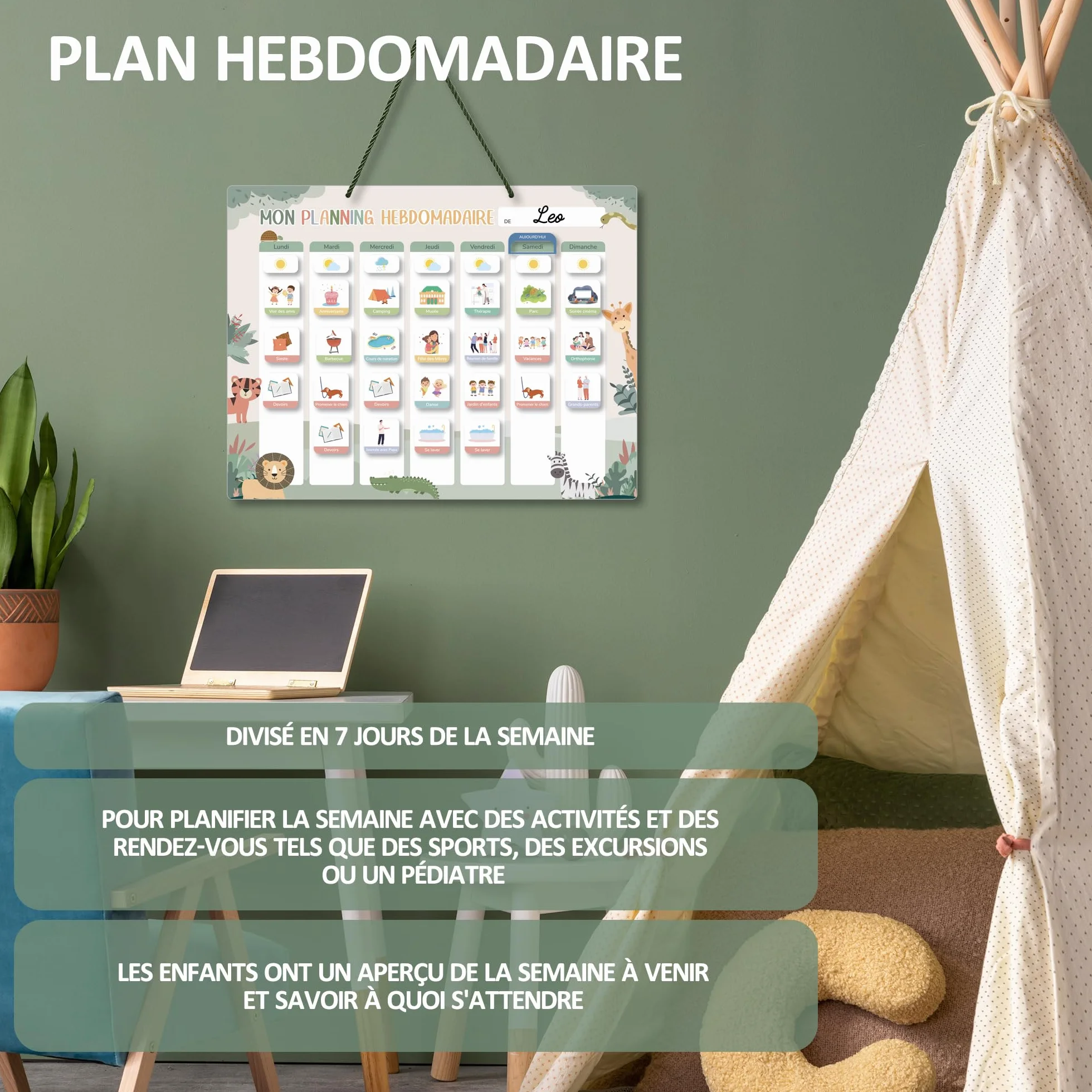 Planning de Semainier Enfant Montessori 42x32 cm avec 177 Aimants - Tableau de Récompense Effaçable et Réutilisable