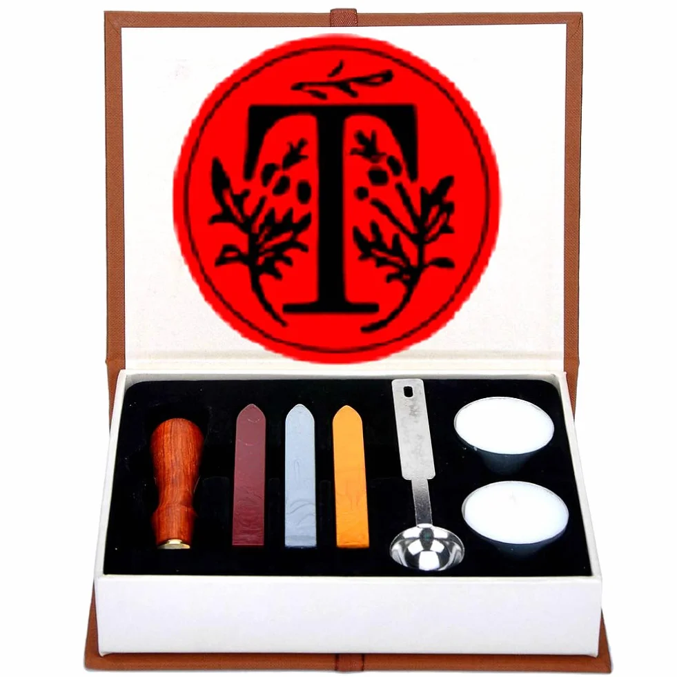 Kit de cachet de cire en forme de lettre T - Sceau en cuivre avec poignée en bois, bâtons de cire, cuillère à fondre, bougies blanches