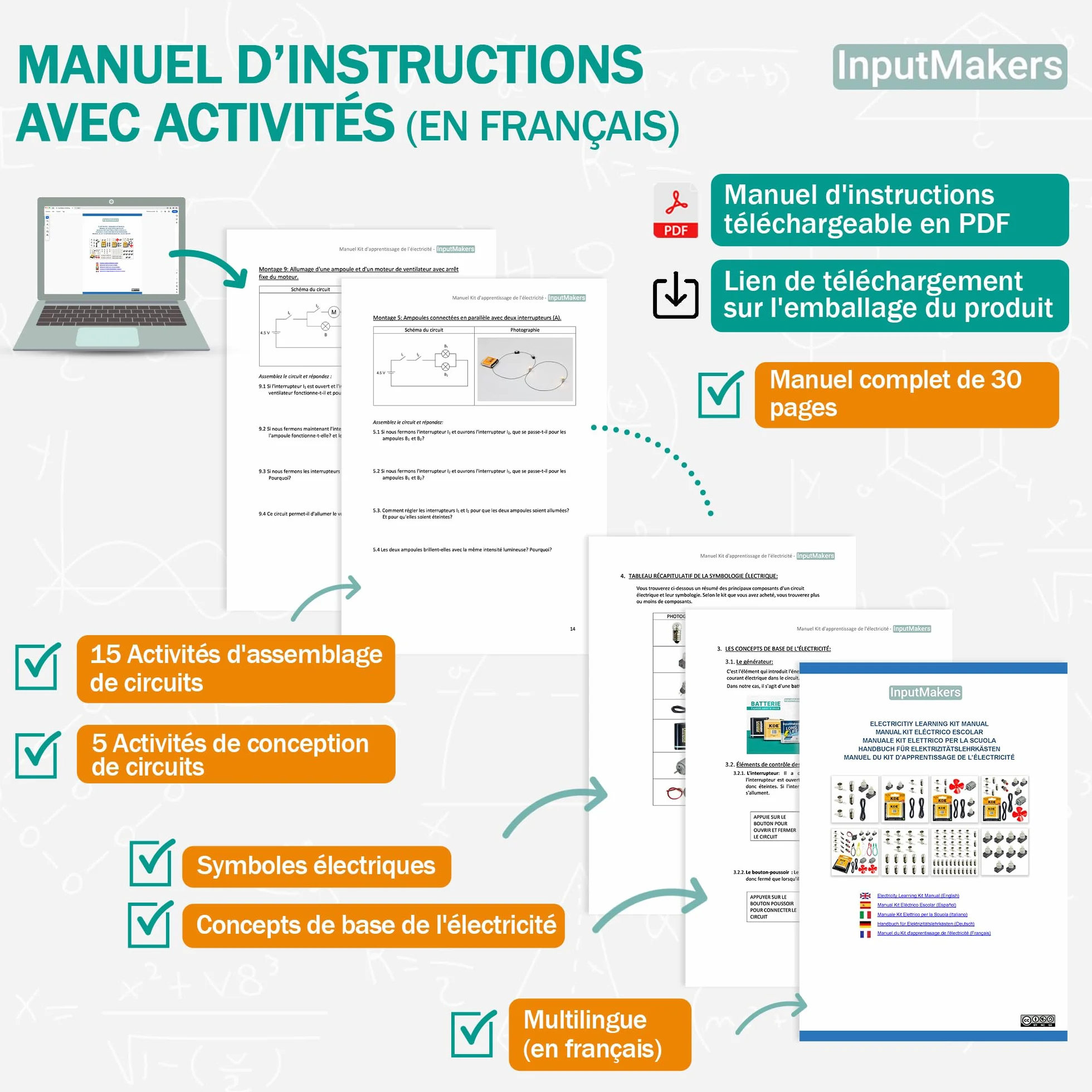Kit d'électricité E10 : 25 ampoules 3,8 V 0,3 A et 25 douilles pour expériences circuits électriques